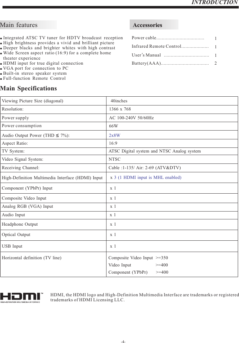 Page 6 of Shen Zhen MTC 4016036 LED TV User Manual                   MHAV4060Y 16030