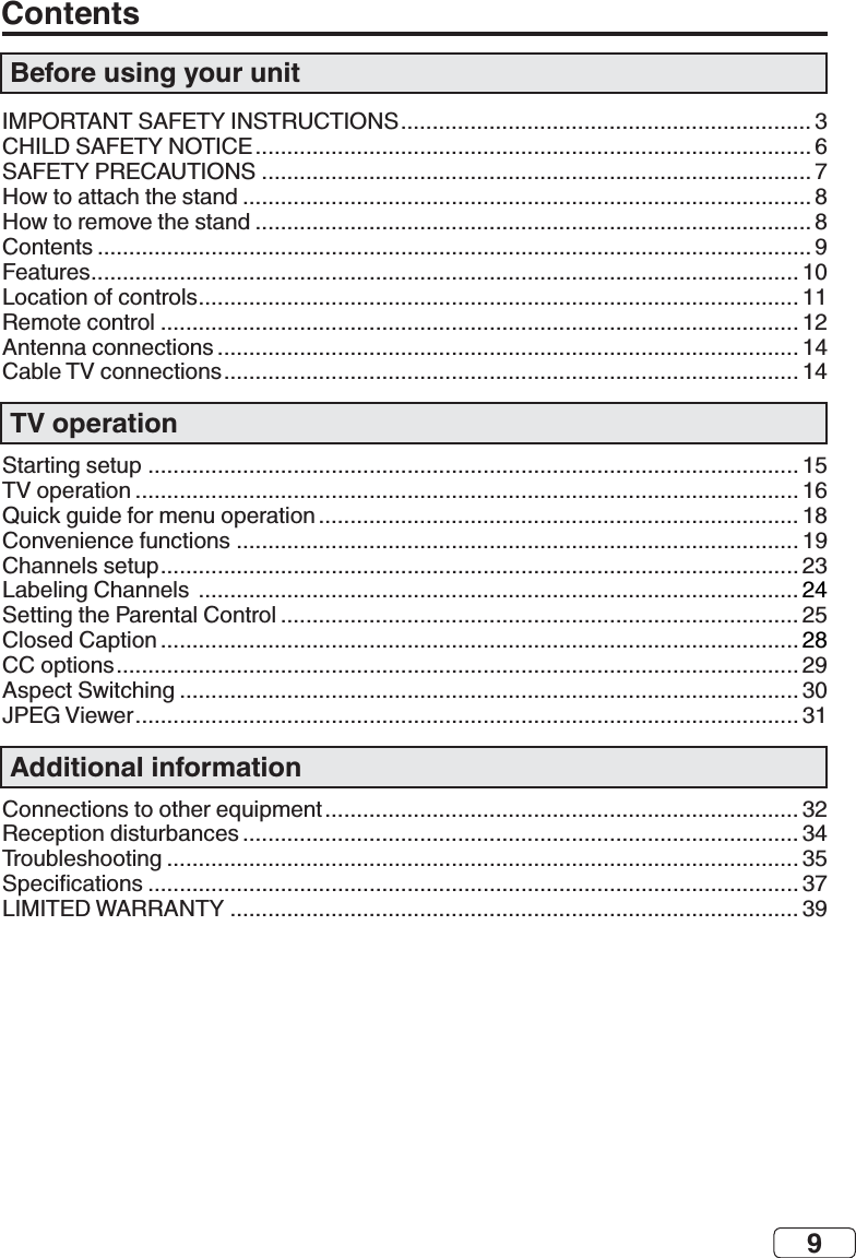 9ContentsBefore using your unit 3 6 7 8 8 9   2 4 4TV operation  6 8 9 23 24  28 29  Additional information 32 34T  37 39
