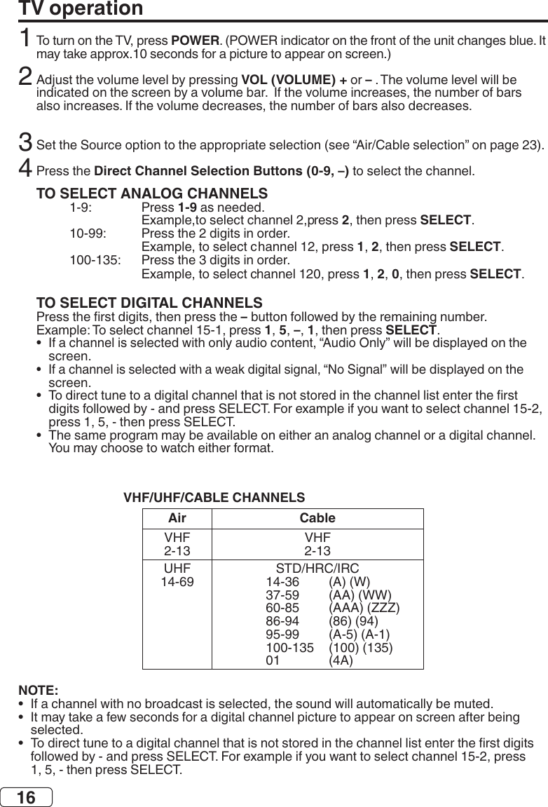 16TV operationPOWER2VOL (VOLUME) +–34Direct Channel Selection Buttons (0-9, –)TO SELECT ANALOG CHANNELS 1-9  2SELECT   12SELECT   120SELECTTO SELECT DIGITAL CHANNELS– 1 5 –1SELECT•  I•  •  •    VHF/UHF/CABLE CHANNELSAir Cable UHF        NOTE:•  •  •   