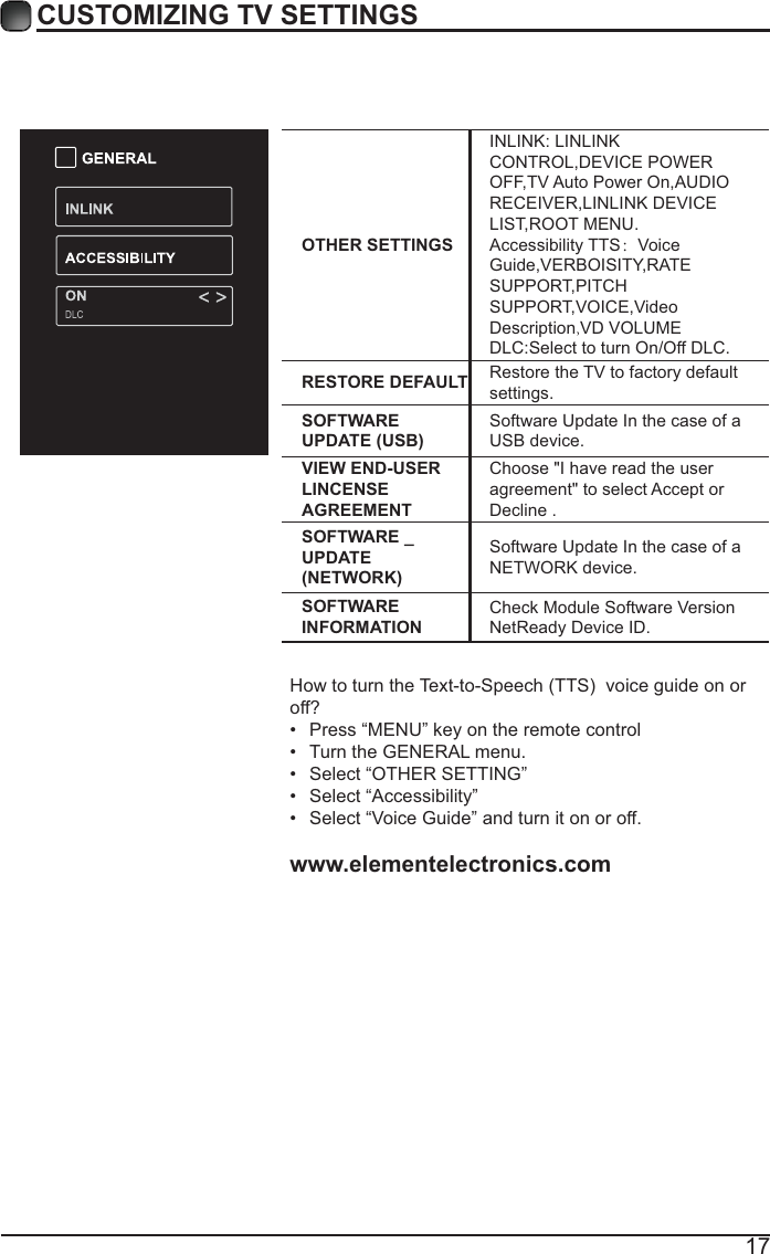 17CUSTOMIZING TV SETTINGSOTHER SETTINGSINLINK: LINLINK CONTROL,DEVICE POWER OFF,TV Auto Power On,AUDIO RECEIVER,LINLINK DEVICE LIST,ROOT MENU.Accessibility TTS：Voice Guide,VERBOISITY,RATE SUPPORT,PITCH SUPPORT,VOICE,Video Description,VD VOLUMEDLC:Select to turn On/Off DLC.RESTORE DEFAULT Restore the TV to factory default settings.SOFTWARE Software Update In the case of a USB device.VIEW END-USERLINCENSE AGREEMENTChoose &quot;I have read the user agreement&quot; to select Accept or Decline .SOFTWARE _UPDATE Software Update In the case of a NETWORK device.SOFTWARE INFORMATIONCheck Module Software Version NetReady Device ID.off?  Press “MENU” key on the remote control Turn the GENERAL menu. Select “OTHER SETTING” Select “Accessibility” Select “Voice Guide” and turn it on or off.www.elementelectronics.com 