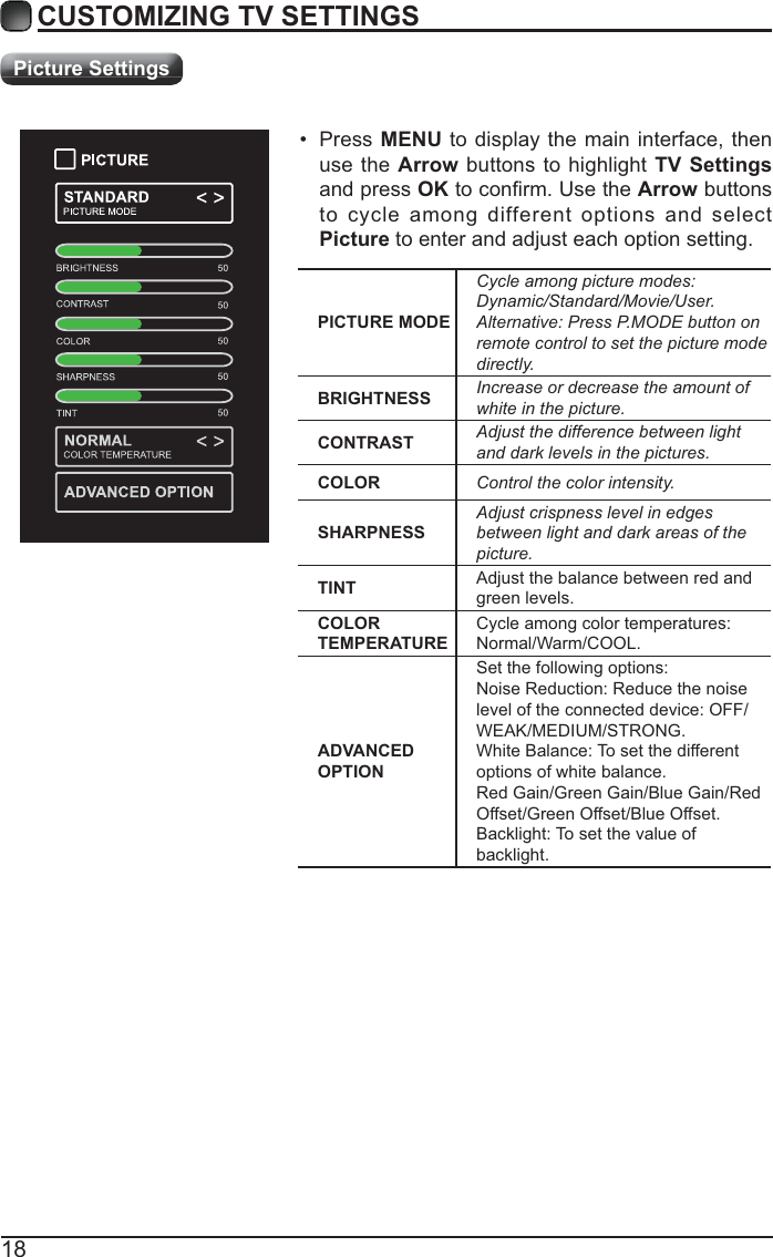 18CUSTOMIZING TV SETTINGSPicture SettingsPICTURE MODECycle among picture modes:Dynamic/Standard/Movie/User.Alternative: Press P.MODE button on remote control to set the picture mode directly.BRIGHTNESS Increase or decrease the amount of white in the picture.CONTRAST Adjust the difference between light and dark levels in the pictures.COLOR Control the color intensity.SHARPNESSAdjust crispness level in edges between light and dark areas of the picture.TINT Adjust the balance between red and green levels.COLOR TEMPERATURECycle among color temperatures: Normal/Warm/COOL.ADVANCED OPTIONSet the following options:Noise Reduction: Reduce the noise level of the connected device: OFF/  WEAK/MEDIUM/STRONG.White Balance: To set the different options of white balance.Red Gain/Green Gain/Blue Gain/Red Offset/Green Offset/Blue Offset.Backlight: To set the value of backlight. Press  MENU to display the main interface, then use the Arrow buttons to highlight TV Settings and press OKArrow buttons to cycle among different options and select Picture to enter and adjust each option setting.   