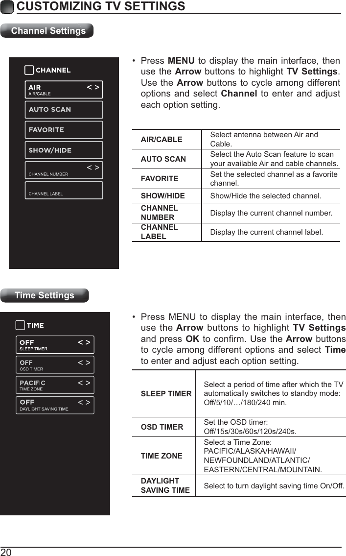 20CUSTOMIZING TV SETTINGSChannel SettingsAIR/CABLE Select antenna between Air and Cable.AUTO SCAN Select the Auto Scan feature to scan your available Air and cable channels.FAVORITE Set the selected channel as a favorite channel.SHOW/HIDE Show/Hide the selected channel.CHANNEL NUMBER Display the current channel number.CHANNEL LABEL Display the current channel label. Press  MENU to display the main interface, then use the Arrow buttons to highlight TV Settings. Use the Arrow buttons to cycle among different options and select Channel to enter and adjust each option setting.Time Settings Press MENU to display the main interface, then use the Arrow buttons to highlight TV Settings and press OKthe Arrow buttons to cycle among different options and select Time to enter and adjust each option setting.SLEEP TIMERSelect a period of time after which the TV automatically switches to standby mode:Off/5/10/…/180/240 min. OSD TIMER Set the OSD timer: Off/15s/30s/60s/120s/240s.TIME ZONESelect a Time Zone: PACIFIC/ALASKA/HAWAII/NEWFOUNDLAND/ATLANTIC/EASTERN/CENTRAL/MOUNTAIN.DAYLIGHT SAVING TIME Select to turn daylight saving time On/Off.