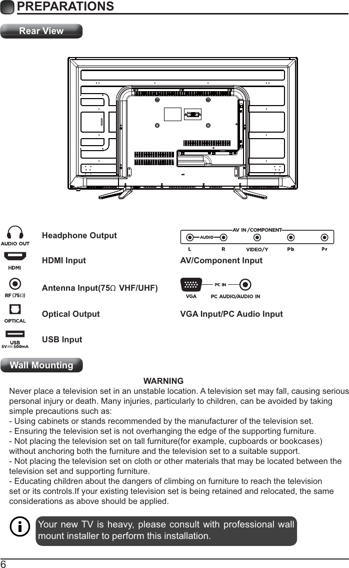 6PREPARATIONS Rear ViewYour new TV is heavy, please consult with professional wall mount installer to perform this installation.                                                           WARNING Never place a television set in an unstable location. A television set may fall, causing serious personal injury or death. Many injuries, particularly to children, can be avoided by taking simple precautions such as:- Using cabinets or stands recommended by the manufacturer of the television set.- Ensuring the television set is not overhanging the edge of the supporting furniture.- Not placing the television set on tall furniture(for example, cupboards or bookcases) without anchoring both the furniture and the television set to a suitable support.- Not placing the television set on cloth or other materials that may be located between the television set and supporting furniture.- Educating children about the dangers of climbing on furniture to reach the television set or its controls.If your existing television set is being retained and relocated, the same considerations as above should be applied.Wall MountingHeadphone OutputHDMI InputAntenna Input(75Ω VHF/UHF)Optical OutputUSB InputVGA Input/PC Audio InputAV/Component Input