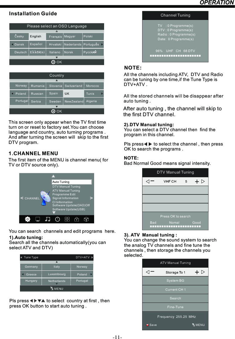 -11-OPERATIONInstallation GuidePls press              to select  country at first , then press OK button to start auto tuning . NOTE: All the channels including ATV,  DTV and Radio can be tuning by one time,if the Tune Type is DTV+ATV . This screen only appear when the TV first time turn on or reset to factory set.You can choose language and country, auto turning programs .And after turning the screen will  skip to the first  DTV program.  1.CHANNEL MENUThe first item of the MENU is channel menu( for TV or DTV source only).You can search  channels and edit programs  here.1).Auto tuning: Search all the channels automatically(you canselect ATV and DTV) Tune Type                                               DTV+ATVGermanyGreeceHungaryItalyLuxembourgNetherlandsNorwayPolandPortugalMENUAll the stored channels will be disappear after auto tuning .After auto tuning , the channel will skip to the first DTV channel.2).DTV Manual tuning: You can select a DTV channel then  find the program in this channel.Pls press        to select the channel , then press OK to search the programs .NOTE: Bad Normal Good means signal intensity.SwitzerlandNewZealandNorwayPolandPortugalSloveniaSpainSwedenCountryOK                                         RumaniaRussianSerbiaMoroccoTunisAlgeriaUKDanskDeutschHrvatskiItalianoPlease select an OSD LanguageOK                                         MagyarNederlandsNorskPolskiEnglishCeskyE           kaEspanol~Fran  aisPortuguesPycckChannel TuningTV    : 0 Programme(s)DTV : 0 Programme(s)Radio : 0 Programme(s)Date:  0 Programme(s)96%    UHF   CH   68 DTV3). ATV  Manual tuning :You can change the sound system to search the analog TV channels and fine tune the channels , then storage the channels you selected.ATV Manual TuningStorage To 1System BGCurrent CH 1SearchFine-TuneFrequency  255.25  MHzSave                                                MENU_+DTV Manual TuningVHF CH          5_+Bad     Nomal     GoodPress OK to searchATV Manual TuningProgramme EditSignal Information&lt;                                                &gt;CHANNELAuto TuningDTV Manual TuningSoftware Update(USB)Software Update(OAD)OffCI Information