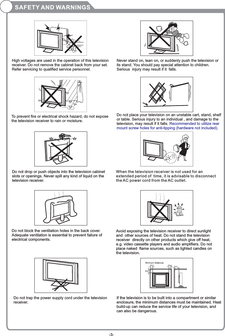 SAFETY AND WARNINGS                                                      High voltages are used in the operation of this television receiver. Do not remove the cabinet back from your set.  Refer servicing to qualified service personnel.                                                               To prevent fire or electrical shock hazard, do not expose  the television receiver to rain or moisture.                                                    Do not drop or push objects into the television cabinet  slots or openings. Never spill any kind of liquid on the television receiver.                      Do not block the ventilation holes in the back cover. Adequate ventilation is essential to prevent failure of  electrical components.                    Do not trap the power supply cord under the television receiver.                   Never stand on, lean on, or suddenly push the television or its stand. You should pay special attention to children. Serious  injury may result if it  falls.                    Do not place your television on an unstable cart, stand, shelf or table. Serious injury to an individual , and damage to the television, may result if it falls.  Recommended to utilize rear mount screw holes for anti-tipping (hardware not included).                   When the television receiver is not used for an extended period of  time, it is advisable to disconnect the AC power cord from the AC outlet.                                 Avoid exposing the television receiver to direct sunlight and  other sources of heat. Do not stand the television receiver  directly on other products which give off heat, e.g. video cassette players and audio amplifiers. Do not place naked  flame sources, such as lighted candles on the television. Dim:515*320mm(不包括底座）                                   If the television is to be built into a compartment or similar enclosure, the minimum distances must be maintained. Heat build-up can reduce the service life of your television, and can also be dangerous.-3-