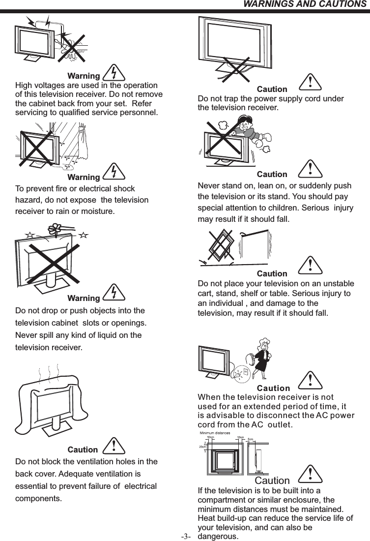 -3-WARNINGS AND CAUTIONS                                            WarningHigh voltages are used in the operation of this television receiver. Do not remove the cabinet back from your set.  Refer servicing to qualified service personnel.                                                      WarningTo prevent fire or electrical shock hazard, do not expose  the television receiver to rain or moisture.                                            WarningDo not drop or push objects into the television cabinet  slots or openings. Never spill any kind of liquid on the television receiver.                       CautionDo not block the ventilation holes in the back cover. Adequate ventilation is essential to prevent failure of  electrical components.                          CautionDo not trap the power supply cord under the television receiver.                          CautionNever stand on, lean on, or suddenly push the television or its stand. You should pay special attention to children. Serious  injury may result if it should fall.                          CautionDo not place your television on an unstable cart, stand, shelf or table. Serious injury to an individual , and damage to the television, may result if it should fall.                          CautionWhen the television receiver is not used for an extended period of time, it is advisable to disconnect the AC power cord from the AC  outlet.Dim:515*320mm(不包括底座）                         CautionIf the television is to be built into a compartment or similar enclosure, the minimum distances must be maintained. Heat build-up can reduce the service life of your television, and can also be dangerous. 