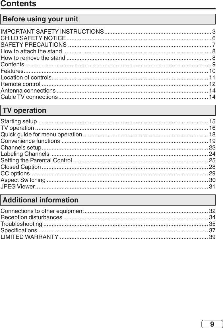9ContentsBefore using your unit 3 6 7 8 8 9   2 4 4TV operation  6 8 9 23 24  28 29  Additional information 32 34T  37 39