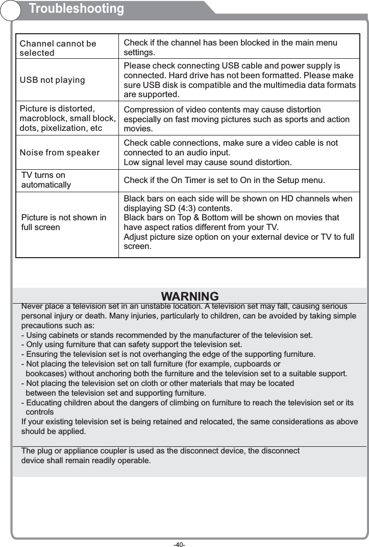 TroubleshootingCheck if the channel has been blocked in the main menu settings.Please check connecting USB cable and power supply is connected. Hard drive has not been formatted. Please make sure USB disk is compatible and the multimedia data formats are supported.Channel cannot be selectedUSB not playingCompression of video contents may cause distortion especially on fast moving pictures such as sports and action movies.Picture is distorted, macroblock, small block, dots, pixelization, etc Black bars on each side will be shown on HD channels when displaying SD (4:3) contents.Black bars on Top &amp; Bottom will be shown on movies that have aspect ratios different from your TV.Adjust picture size option on your external device or TV to full screen.Noise from speaker Check cable connections, make sure a video cable is not connected to an audio input.Low signal level may cause sound distortion.TV turns on automatically  Check if the On Timer is set to On in the Setup menu.Picture is not shown in full screen                                                 Never place a television set in an unstable location. A television set may fall, causing serious personal injury or death. Many injuries, particularly to children, can be avoided by taking simple precautions such as:- Using cabinets or stands recommended by the manufacturer of the television set.- Only using furniture that can safety support the television set.- Ensuring the television set is not overhanging the edge of the supporting furniture.- Not placing the television set on tall furniture (for example, cupboards or   bookcases) without anchoring both the furniture and the television set to a suitable support.- Not placing the television set on cloth or other materials that may be located   between the television set and supporting furniture.- Educating children about the dangers of climbing on furniture to reach the television set or its   controlsIf your existing television set is being retained and relocated, the same considerations as above should be applied.The plug or appliance coupler is used as the disconnect device, the disconnect device shall remain readily operable.WARNING-40-
