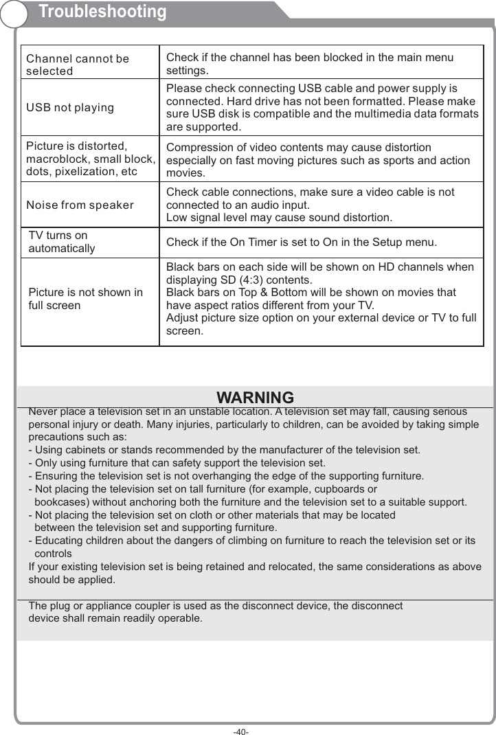 TroubleshootingCheck if the channel has been blocked in the main menu settings.Please check connecting USB cable and power supply is connected. Hard drive has not been formatted. Please make sure USB disk is compatible and the multimedia data formats are supported.Channel cannot be selectedUSB not playingCompression of video contents may cause distortion especially on fast moving pictures such as sports and action movies.Picture is distorted, macroblock, small block, dots, pixelization, etc Black bars on each side will be shown on HD channels when displaying SD (4:3) contents.Black bars on Top &amp; Bottom will be shown on movies that have aspect ratios different from your TV.Adjust picture size option on your external device or TV to full screen.Noise from speaker Check cable connections, make sure a video cable is not connected to an audio input.Low signal level may cause sound distortion.TV turns on automatically  Check if the On Timer is set to On in the Setup menu.Picture is not shown in full screen                                                 Never place a television set in an unstable location. A television set may fall, causing serious personal injury or death. Many injuries, particularly to children, can be avoided by taking simple precautions such as:- Using cabinets or stands recommended by the manufacturer of the television set.- Only using furniture that can safety support the television set.- Ensuring the television set is not overhanging the edge of the supporting furniture.- Not placing the television set on tall furniture (for example, cupboards or   bookcases) without anchoring both the furniture and the television set to a suitable support.- Not placing the television set on cloth or other materials that may be located   between the television set and supporting furniture.- Educating children about the dangers of climbing on furniture to reach the television set or its   controlsIf your existing television set is being retained and relocated, the same considerations as above should be applied.The plug or appliance coupler is used as the disconnect device, the disconnect device shall remain readily operable.WARNING-40-