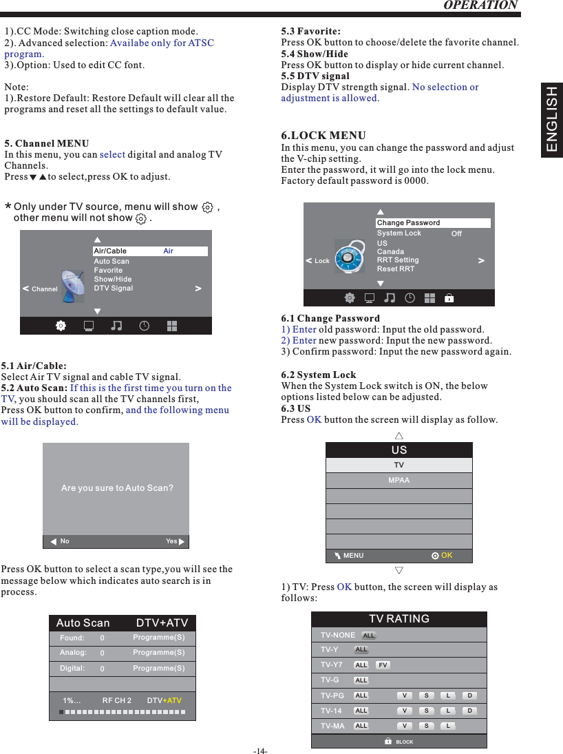 -14-OPERATIONENGLISH1).CC Mode: Switching close caption mode.2). Advanced selection: 3).Option: Used to edit CC font.Note:1).Restore Default: Restore Default will clear all the programs and reset all the settings to default value.Availabe only for ATSC program.5. Channel MENUIn this menu, you can   digital and analog TV Channels.Press        to select,press OK to adjust.select5.1 Air/Cable: Select Air TV signal and cable TV signal.5.2 Auto Scan: , you should scan all the TV channels first,Press OK button to confirm, If this is the first time you turn on the TVand the following menu will be displayed.Press OK button to select a scan type,you will see the message below which indicates auto search is in process.Auto ScanFavoriteShow/HideDTV SignalAir/Cable                   Ai rChannel&lt;                       &lt;                      5.3 Favorite: Press OK button to choose/delete the favorite channel.5.4 Show/HidePress OK button to display or hide current channel.5.5 DTV signalDisplay DTV strength signal. No selection or adjustment is allowed.Auto Scan DTV+ATVFound:Analog:Digital:000Programme(S)Programme(S)Programme(S)1%...           RF CH 2        DTV+ATV*Only under TV source, menu will show       ,other menu will not show      . 6.LOCK MENUIn this menu, you can change the password and adjust the V-chip setting.Enter the password, it will go into the lock menu. Factory default password is 0000.6.1 Change Password old password: Input the old password. new password: Input the new password.3) Confirm password: Input the new password again.1) Enter2) Enter6.2 System LockWhen the System Lock switch is ON, the below options listed below can be adjusted.6.3 USPress   button the screen will display as follow.OK1) TV: Press   button, the screen will display asfollows:OKUSMPAATV                                              MENU OKSystem LockUSCanadaRRT SettingChange PasswordOff&lt;                      LockReset RRT&lt;                                                                    No Yes                                      Are you sure to Auto Scan?TV RATING BLOCKTV-NONE  TV-YTV-Y7TV-GTV-PGTV-14TV-MAALLALLALLALLALLALLFVVVVSSSLLL DDALL
