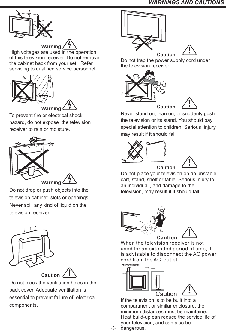 -3-WARNINGS AND CAUTIONS                                            WarningHigh voltages are used in the operation of this television receiver. Do not remove the cabinet back from your set.  Refer servicing to qualified service personnel.                                                      WarningTo prevent fire or electrical shock hazard, do not expose  the television receiver to rain or moisture.                                            WarningDo not drop or push objects into the television cabinet  slots or openings. Never spill any kind of liquid on the television receiver.                       CautionDo not block the ventilation holes in the back cover. Adequate ventilation is essential to prevent failure of  electrical components.                          CautionDo not trap the power supply cord under the television receiver.                          CautionNever stand on, lean on, or suddenly push the television or its stand. You should pay special attention to children. Serious  injury may result if it should fall.                          CautionDo not place your television on an unstable cart, stand, shelf or table. Serious injury to an individual , and damage to the television, may result if it should fall.                          CautionWhen the television receiver is not used for an extended period of time, it is advisable to disconnect the AC power cord from the AC  outlet.Dim:51 5*320m m(不包括底座）                         CautionIf the television is to be built into a compartment or similar enclosure, the minimum distances must be maintained. Heat build-up can reduce the service life of your television, and can also be dangerous. 