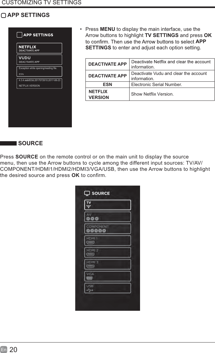 20En  CUSTOMIZING TV SETTINGS APP SETTINGS Press MENU to display the main interface, use the Arrow buttons to highlight TV SETTINGS and press OK APP SETTINGS to enter and adjust each option setting.DEACTIVATE APP information.DEACTIVATE APP Deactivate Vudu and clear the account information.ESN Electronic Serial Number. SOURCEPress SOURCE on the remote control or on the main unit to display the source menu, then use the Arrow buttons to cycle among the different input sources: TV/AV/COMPONENT/HDMI1/HDMI2/HDMI3/VGA/USB, then use the Arrow buttons to highlight the desired source and press OK to confirm.NETFLIX VERSION Show Netflix  Version.Exception while opening/reading file.4.3.4.eab833d.2017072610.2017-08-23NETFLIX VERSION