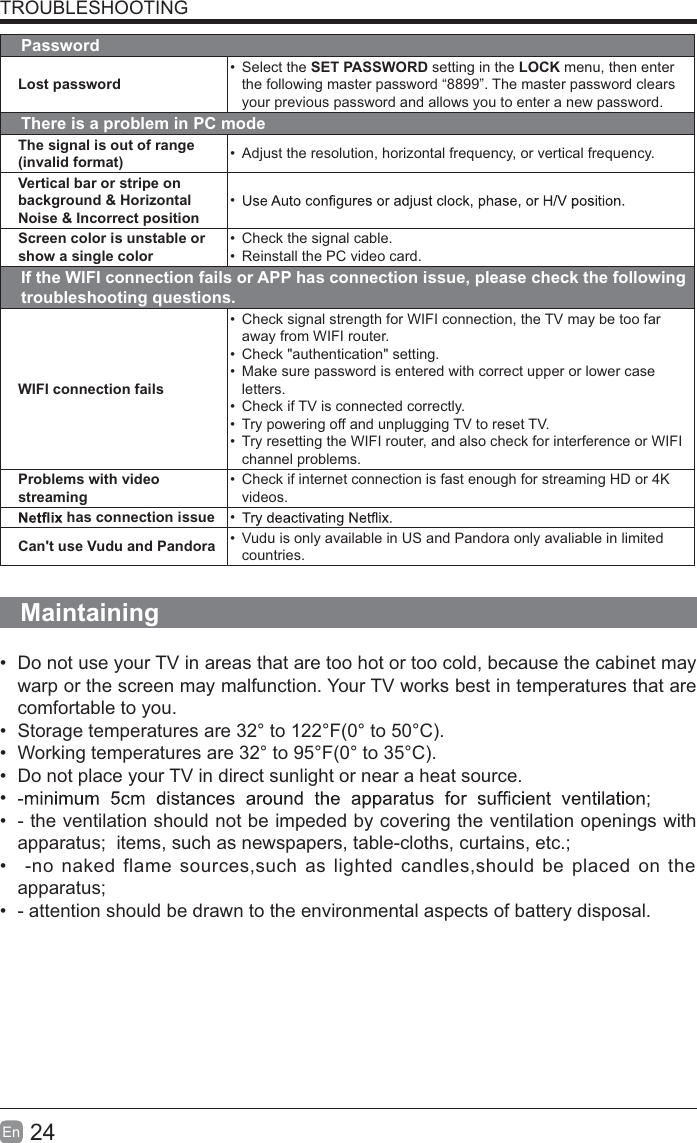 24En  TROUBLESHOOTINGPasswordLost password Select the SET PASSWORD setting in the LOCK menu, then enter the following master password “8899”. The master password clears your previous password and allows you to enter a new password.There is a problem in PC modeThe signal is out of range (invalid format)   Adjust the resolution, horizontal frequency, or vertical frequency.Vertical bar or stripe on background &amp; Horizontal Noise &amp; Incorrect position Screen color is unstable or show a single color  Check the signal cable.  Reinstall the PC video card.If the WIFI connection fails or APP has connection issue, please check the following troubleshooting questions.WIFI connection fails  Check signal strength for WIFI connection, the TV may be too far away from WIFI router.  Check &quot;authentication&quot; setting.  Make sure password is entered with correct upper or lower case letters.  Check if TV is connected correctly.  Try powering off and unplugging TV to reset TV.  Try resetting the WIFI router, and also check for interference or WIFI channel problems.Problems with video streaming  Check if internet connection is fast enough for streaming HD or 4K videos. has connection issue  Can&apos;t use Vudu and Pandora   Vudu is only available in US and Pandora only avaliable in limited countries.Maintaining  Do not use your TV in areas that are too hot or too cold, because the cabinet may warp or the screen may malfunction. Your TV works best in temperatures that are comfortable to you.  Storage temperatures are 32° to 122°F(0° to 50°C).  Working temperatures are 32° to 95°F(0° to 35°C).  Do not place your TV in direct sunlight or near a heat source.   - the ventilation should not be impeded by covering the ventilation openings with apparatus;  items, such as newspapers, table-cloths, curtains, etc.;   -no naked flame sources,such as lighted candles,should be placed on the apparatus;  - attention should be drawn to the environmental aspects of battery disposal. 