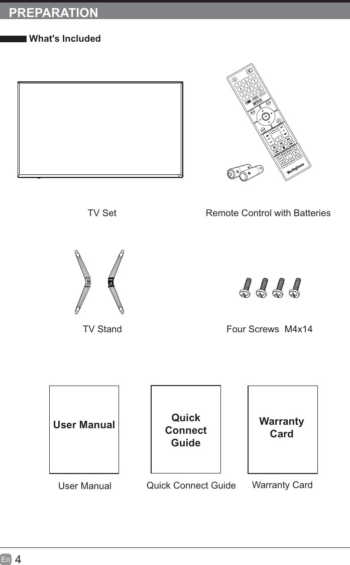            4En  PREPARATION What&apos;s IncludedQuick Connect GuideQuickConnect GuideUser ManualUser ManualRemote Control with BatteriesWarranty CardWarranty CardTV SetTV Stand Four Screws  M4x14