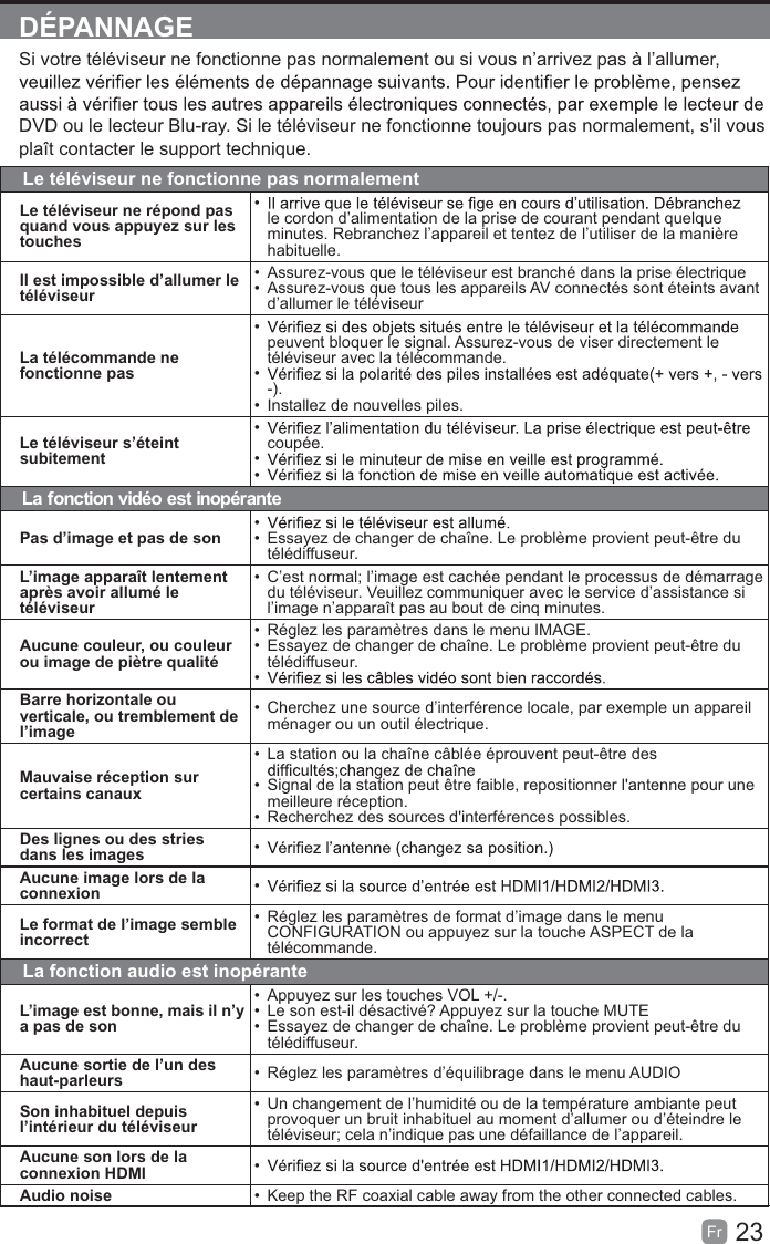 23Fr  DÉPANNAGESi votre téléviseur ne fonctionne pas normalement ou si vous n’arrivez pas à l’allumer, DVD ou le lecteur Blu-ray. Si le téléviseur ne fonctionne toujours pas normalement, s&apos;il vous plaît contacter le support technique.Le téléviseur ne fonctionne pas normalementLe téléviseur ne répond pas quand vous appuyez sur les touches  le cordon d’alimentation de la prise de courant pendant quelque minutes. Rebranchez l’appareil et tentez de l’utiliser de la manière habituelle.Il est impossible d’allumer le téléviseur  Assurez-vous que le téléviseur est branché dans la prise électrique  Assurez-vous que tous les appareils AV connectés sont éteints avant d’allumer le téléviseurLa télécommande ne fonctionne pas  peuvent bloquer le signal. Assurez-vous de viser directement le téléviseur avec la télécommande.  -).  Installez de nouvelles piles.Le téléviseur s’éteint subitement  coupée.  La fonction vidéo est inopérantePas d’image et pas de son    Essayez de changer de chaîne. Le problème provient peut-être du télédiffuseur.L’image apparaît lentement après avoir allumé le téléviseur  C’est normal; l’image est cachée pendant le processus de démarrage du téléviseur. Veuillez communiquer avec le service d’assistance si l’image n’apparaît pas au bout de cinq minutes.Aucune couleur, ou couleur ou image de piètre qualité  Réglez les paramètres dans le menu IMAGE.  Essayez de changer de chaîne. Le problème provient peut-être du télédiffuseur. Barre horizontale ou verticale, ou tremblement de l’image  Cherchez une source d’interférence locale, par exemple un appareil ménager ou un outil électrique.Mauvaise réception sur certains canaux  La station ou la chaîne câblée éprouvent peut-être des   Signal de la station peut être faible, repositionner l&apos;antenne pour une meilleure réception.  Recherchez des sources d&apos;interférences possibles.Des lignes ou des stries dans les images  Aucune image lors de la connexion  Le format de l’image semble incorrect  Réglez les paramètres de format d’image dans le menu CONFIGURATION ou appuyez sur la touche ASPECT de la télécommande.La fonction audio est inopéranteL’image est bonne, mais il n’y a pas de son  Appuyez sur les touches VOL +/-.  Le son est-il désactivé? Appuyez sur la touche MUTE  Essayez de changer de chaîne. Le problème provient peut-être du télédiffuseur.Aucune sortie de l’un des haut-parleurs   Réglez les paramètres d’équilibrage dans le menu AUDIOSon inhabituel depuis l’intérieur du téléviseur  Un changement de l’humidité ou de la température ambiante peut provoquer un bruit inhabituel au moment d’allumer ou d’éteindre le téléviseur; cela n’indique pas une défaillance de l’appareil.Aucune son lors de la connexion HDMI  Audio noise   Keep the RF coaxial cable away from the other connected cables.