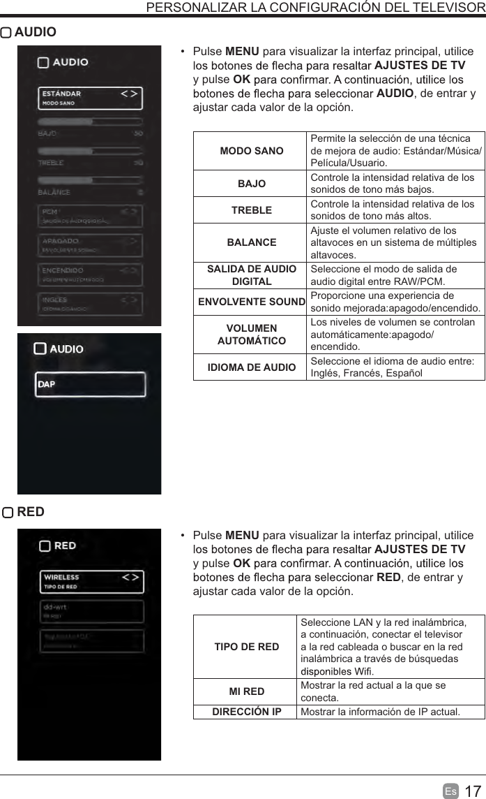 17Es   AUDIO Pulse MENU para visualizar la interfaz principal, utilice AJUSTES DE TV y pulse OKAUDIO, de entrar y ajustar cada valor de la opción.    MODO SANOPermite la selección de una técnica de mejora de audio: Estándar/Música/Película/Usuario.BAJO Controle la intensidad relativa de los sonidos de tono más bajos.TREBLE Controle la intensidad relativa de los sonidos de tono más altos.BALANCEAjuste el volumen relativo de los altavoces en un sistema de múltiples altavoces.SALIDA DE AUDIO DIGITALSeleccione el modo de salida de audio digital entre RAW/PCM.ENVOLVENTE SOUND Proporcione una experiencia de sonido mejorada:apagodo/encendido.VOLUMEN AUTOMÁTICOLos niveles de volumen se controlan automáticamente:apagodo/encendido.IDIOMA DE AUDIO Seleccione el idioma de audio entre: Inglés, Francés, Español RED Pulse MENU para visualizar la interfaz principal, utilice AJUSTES DE TV y pulse OKRED, de entrar y ajustar cada valor de la opción. TIPO DE REDSeleccione LAN y la red inalámbrica, a continuación, conectar el televisor a la red cableada o buscar en la red inalámbrica a través de búsquedas MI RED Mostrar la red actual a la que se conecta.DIRECCIÓN IP Mostrar la información de IP actual.PERSONALIZAR LA CONFIGURACIÓN DEL TELEVISOR