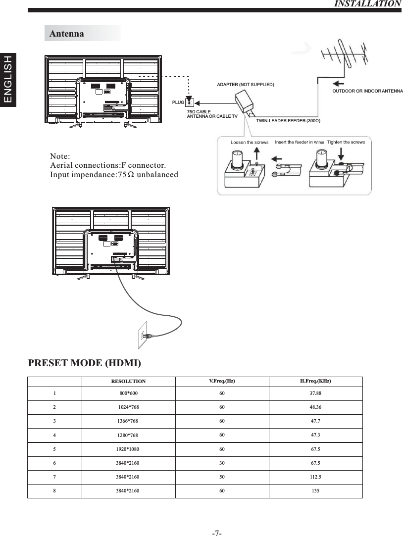 AntennaINSTALLATION-7-ENGLISHNote:Aerial connections:F connector.Input impendance:75     unbalanced.PLUG75Ω CABLEANTENNA OR CABLE TVADAPTER (NOT SUPPLIED)TWIN-LEADER FEEDER (300Ω)OUTDOOR OR INDOOR ANTENNA PRESET MODE (HDMI)   123800*6001024*768606037.8848.36RESOLUTION V.Freq.(Hz) H.Freq.(KHz)1366*768 60 47.741280*768 60 47.351920*108060 67.563840*2160 30 67.5750 112.5860 1353840*21603840*2160