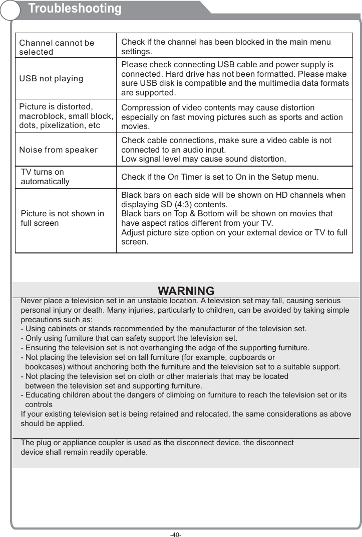 TroubleshootingCheck if the channel has been blocked in the main menu settings.Please check connecting USB cable and power supply is connected. Hard drive has not been formatted. Please make sure USB disk is compatible and the multimedia data formats are supported.Channel cannot be selectedUSB not playingCompression of video contents may cause distortion especially on fast moving pictures such as sports and action movies.Picture is distorted, macroblock, small block, dots, pixelization, etc Black bars on each side will be shown on HD channels when displaying SD (4:3) contents.Black bars on Top &amp; Bottom will be shown on movies that have aspect ratios different from your TV.Adjust picture size option on your external device or TV to full screen.Noise from speaker Check cable connections, make sure a video cable is not connected to an audio input.Low signal level may cause sound distortion.TV turns on automatically  Check if the On Timer is set to On in the Setup menu.Picture is not shown in full screen                                                 Never place a television set in an unstable location. A television set may fall, causing serious personal injury or death. Many injuries, particularly to children, can be avoided by taking simple precautions such as:- Using cabinets or stands recommended by the manufacturer of the television set.- Only using furniture that can safety support the television set.- Ensuring the television set is not overhanging the edge of the supporting furniture.- Not placing the television set on tall furniture (for example, cupboards or   bookcases) without anchoring both the furniture and the television set to a suitable support.- Not placing the television set on cloth or other materials that may be located   between the television set and supporting furniture.- Educating children about the dangers of climbing on furniture to reach the television set or its   controlsIf your existing television set is being retained and relocated, the same considerations as above should be applied.The plug or appliance coupler is used as the disconnect device, the disconnect device shall remain readily operable.WARNING-40-