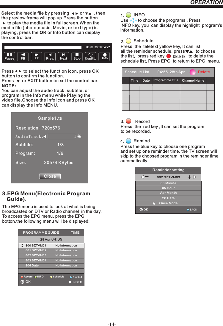OPERATIONSelect the media file by pressing         or        , then  the preview frame will pop up.Press the button       to play the media file in full screen.When the media file (photo,music, Movie, or text type) is playing, press the OK or Info button can display the control bar.Press        to select the function icon, press OK button to confirm the function. Press       or EXIT button to exit the control bar.NOTE:You can adjust the audio track, subtitle, or program in the Info menu while Playing the video file.Choose the Info icon and press OK can display the Info MENU.Pause FF Prev. NextFB StopRepeat ALL00:00:33/00:04:22Info.Sample1.tsResolution:  720x576Subtitle:                    1/3Program:                  1/6Size:               30574 KBytesCloseAudio T r a c k:              1/2                    8.EPG Menu(Electronic Program    Guide).The EPG menu is used to look at what is being broadcasted on DTV or Radio channel  in the day.To access the EPG menu, press the EPG botton,the following menu will be displayed:28 Apr 04:39800 SZTVM01 No Information801 SZTVM02802 SZTVM03803 SZTVM04804 DateNo InformationNo InformationNo InformationNo InformationPROGRAMME GUIDE             TIMEScheduleRecord INFO RemindOK                                          INDEX1.               Use        to choose the programs , Press INFO key, you  can display the highlight  program&apos;s information. INFO2.                Press  the  teletext yellow key, It can list all the reminder schedule, press         to choose the list,  press red key                    to delete the schedule list, Press EPG  to return to EPG  menu. ScheduleDELETE4.         Press the blue key to choose one program and set up one reminder time, the TV screen will skip to the choosed program in the reminder time automatically. Remind3.         Record Press  the  red key ,It can set the programto be recorded.Schedule List        04:55  28th Apr             DeleteTime Date Programme Title Channel Name802 SZTVM0308 Minute05 HourApr Month28 DateOnce ModeReminder settingBACKOK                                         _+-14-