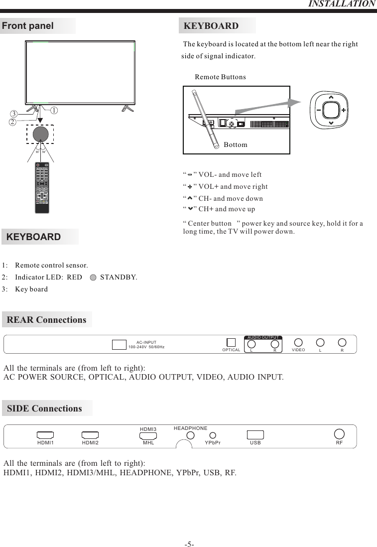 -5-INSTALLATIONREAR ConnectionsSIDE ConnectionsAll the terminals are (from left to right):HDMI1, HDMI2,  HDMI3/MHL,  HEADPHONE, YPbPr, USB, RF.All the terminals are (from left to right):          AC POWER  SOURCE, OPTICAL, AUDIO OUTPUT, VIDEO, AUDIO INPUT.VIDEO L ROPTICALAC-INPU T100-240 V  50/60H z RLAUDIO OUT PUTHDMI1 HDMI2HEADPHONEUSB RFMHL YPbPrHDMI3KEYBOARDFront panel 1:    Remote control sensor. 2:    Indicator LED:  RED          STANDBY. 3:    Key board321KEYBOARD The keyboard is located at the bottom left near the right side of signal indicator.Remote ButtonsBottom“    ” VOL- and move left“    ” VOL+ and move right“    ” CH- and move down“    ” CH+ and move up“ Center button   ” power key and source key, hold it for a  long time, the TV will power down.
