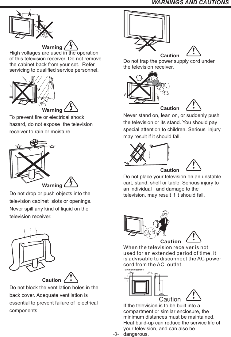 -3-WARNINGS AND CAUTIONS                                            WarningHigh voltages are used in the operation of this television receiver. Do not remove the cabinet back from your set.  Refer servicing to qualified service personnel.                                                      WarningTo prevent fire or electrical shock hazard, do not expose  the television receiver to rain or moisture.                                            WarningDo not drop or push objects into the television cabinet  slots or openings. Never spill any kind of liquid on the television receiver.                       CautionDo not block the ventilation holes in the back cover. Adequate ventilation is essential to prevent failure of  electrical components.                          CautionDo not trap the power supply cord under the television receiver.                          CautionNever stand on, lean on, or suddenly push the television or its stand. You should pay special attention to children. Serious  injury may result if it should fall.                          CautionDo not place your television on an unstable cart, stand, shelf or table. Serious injury to an individual , and damage to the television, may result if it should fall.                          CautionWhen the television receiver is not used for an extended period of time, it is advisable to disconnect the AC power cord from the AC  outlet.Dim:515*320mm(不包括底座）                         CautionIf the television is to be built into a compartment or similar enclosure, the minimum distances must be maintained. Heat build-up can reduce the service life of your television, and can also be dangerous. 