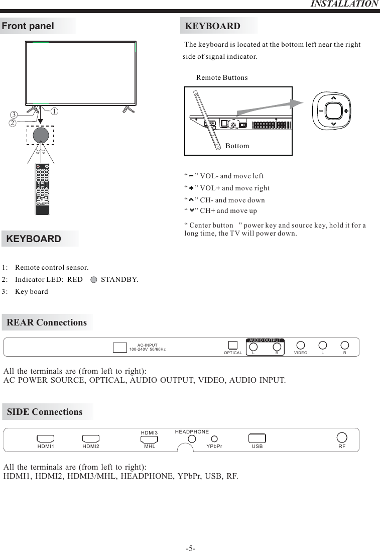 -5-INSTALLATIONREAR ConnectionsSIDE ConnectionsAll the terminals are (from left to right):                 HDMI1, HDMI2, HDMI3/MHL, HEADPHONE, YPbPr, USB, RF.All the terminals are (from left to right):          AC POWER SOURCE, OPTICAL, AUDIO OUTPUT, VIDEO, AUDIO INPUT.VIDEO LROPTICALAC-INPUT100-240V  50/60Hz RLAUDIO OUTPUTHDMI1 HDMI2HEADPHONEUSB RFMHL YPbPrHDMI3KEYBOARDFront panel  1:    Remote control sensor. 2:    Indicator LED:  RED          STANDBY.                                      3:    Key board 321KEYBOARD  The keyboard is located at the bottom left near the right side of signal indicator.Remote ButtonsBottom“    ” VOL- and move left“    ” VOL+ and move right“    ” CH- and move down“    ” CH+ and move up“ Center button   ” power key and source key, hold it for a  long time, the TV will power down.