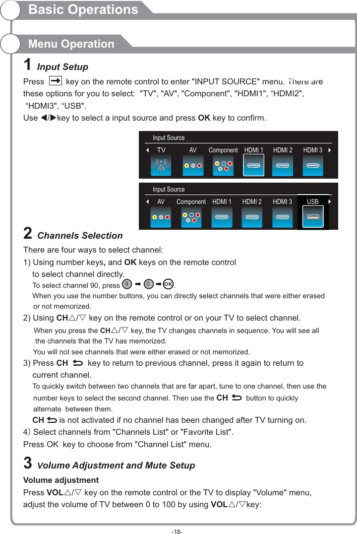 Basic OperationsMenu Operation1 Input SetupPress     key on the remote control to enter &quot;INPUT SOURCE&quot; menu. There arethese options for you to select:  &quot;TV&quot;, &quot;AV&quot;,&quot;Component&quot;, &quot;HDMI1&quot;, “HDMI2&quot;,  “HDMI3&quot;, “USB&quot;.Use t/ukey to select a input source and press OK key to confirm.2 Channels SelectionThere are four ways to select channel:1) Using number keys, and OK keys on the remote control     to select channel directly.    To select channel 90, press                          .    When you use the number buttons, you can directly select channels that were either erased      or not memorized.2) Using CHr/s key on the remote control or on your TV to select channel.    When you press the CHr/s key, the TV changes channels in sequence. You will see all      the channels that the TV has memorized.     You will not see channels that were either erased or not memorized. 3) Press CH    key to return to previous channel, press it again to return to     current channel.    To quickly switch between two channels that are far apart, tune to one channel, then use the      number keys to select the second channel. Then use the CH    button to quickly      alternate  between them.    CH    is not activated if no channel has been changed after TV turning on.4) Select channels from &quot;Channels List&quot; or &quot;Favorite List&quot;.Press OK key to choose from &quot;Channel List&quot; menu.3 Volume Adjustment and Mute SetupVolume adjustmentPress VOLr/s key on the remote control or the TV to display &quot;Volume&quot; menu, adjust the volume of TV between 0 to 100 by using VOLr/skey: Input Source90OKHDMI 2AV Component HDMI 1Input SourceTV AV Component HDMI 2 HDMI 3Input SourceHDMI 3 USBUSBHDMI 1-18-