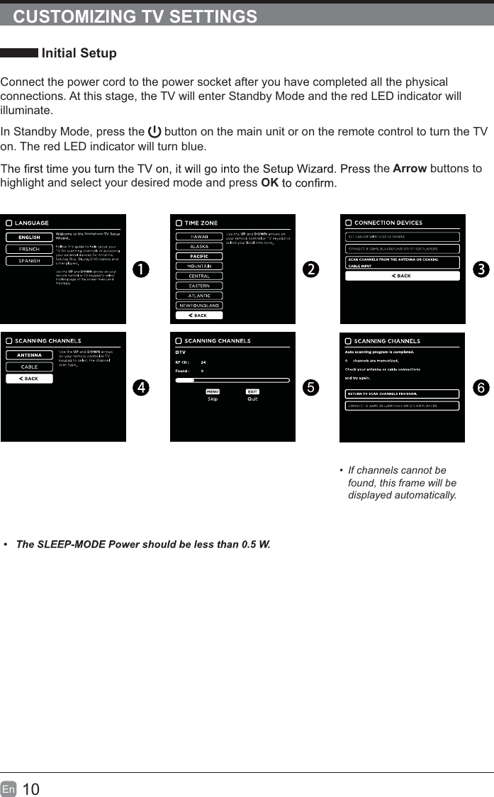 10En  CUSTOMIZING TV SETTINGS Initial SetupConnect the power cord to the power socket after you have completed all the physical connections. At this stage, the TV will enter Standby Mode and the red LED indicator will illuminate. In Standby Mode, press the   button on the main unit or on the remote control to turn the TV on. The red LED indicator will turn blue.the Arrow buttons to highlight and select your desired mode and press OK5 If channels cannot be found, this frame will be displayed automatically.Westinghouse