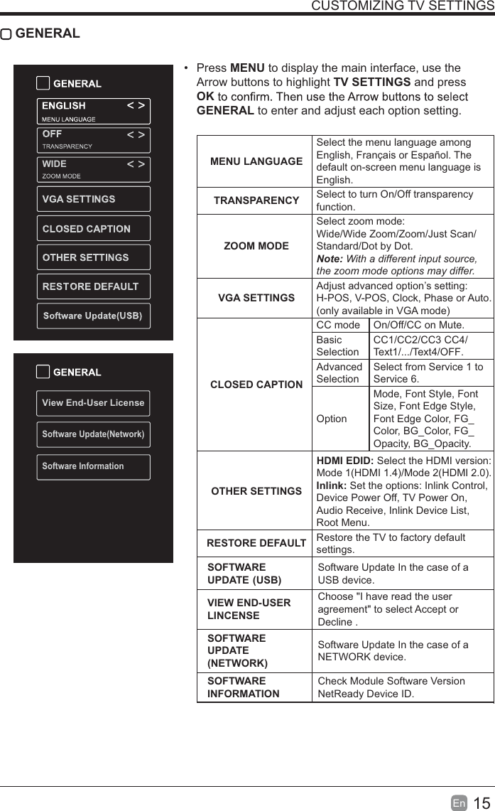 15En  CUSTOMIZING TV SETTINGS GENERAL Press MENU to display the main interface, use the Arrow buttons to highlight TV SETTINGS and press OKGENERAL to enter and adjust each option setting.  MENU LANGUAGESelect the menu language among English, Français or Español. The default on-screen menu language is English.TRANSPARENCY Select to turn On/Off transparency function.ZOOM MODESelect zoom mode: Wide/Wide Zoom/Zoom/Just Scan/Standard/Dot by Dot.Note: With a different input source, the zoom mode options may differ.VGA SETTINGSAdjust advanced option’s setting: H-POS, V-POS, Clock, Phase or Auto. (only available in VGA mode)CLOSED CAPTIONCC mode On/Off/CC on Mute.Basic SelectionCC1/CC2/CC3 CC4/Text1/.../Text4/OFF.Advanced SelectionSelect from Service 1 to Service 6.OptionMode, Font Style, Font Size, Font Edge Style, Font Edge Color, FG_Color, BG_Color, FG_Opacity, BG_Opacity. OTHER SETTINGSHDMI EDID: Select the HDMI version: Mode 1(HDMI 1.4)/Mode 2(HDMI 2.0).Inlink: Set the options: Inlink Control, Device Power Off, TV Power On, Audio Receive, Inlink Device List, Root Menu.RESTORE DEFAULT Restore the TV to factory default settings.SOFTWARE UPDATE (USB)Software Update In the case of a USB device.VIEW END-USERLINCENSEChoose &quot;I have read the user agreement&quot; to select Accept or Decline .SOFTWARE UPDATE (NETWORK)Software Update In the case of a NETWORK device.SOFTWARE INFORMATIONCheck Module Software Version NetReady Device ID.View End-User LicenseSoftware Update(Network)Software InformationWIDE
