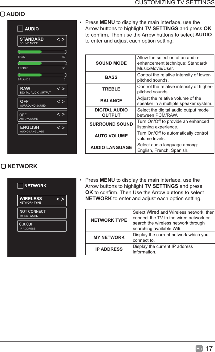 17En  CUSTOMIZING TV SETTINGS AUDIO Press MENU to display the main interface, use the Arrow buttons to highlight TV SETTINGS and press OK AUDIO to enter and adjust each option setting. SOUND MODEAllow the selection of an audio-enhancement technique: Standard/Music/Movie/User.BASS Control the relative intensity of lower-pitched sounds.TREBLE Control the relative intensity of higher-pitched sounds.BALANCE Adjust the relative volume of the speaker in a multiple speaker system.DIGITAL AUDIO OUTPUTSelect the digital audio output mode between PCM/RAW.SURROUND SOUND Turn On/Off to provide an enhanced listening experience.AUTO VOLUME Turn On/Off to automatically control volume levels.AUDIO LANGUAGE Select audio language among: English, French, Spanish. NETWORK Press MENU to display the main interface, use the Arrow buttons to highlight TV SETTINGS and press OKNETWORK to enter and adjust each option setting. NETWORK TYPESelect Wired and Wireless network, then connect the TV to the wired network or search the wireless network through MY NETWORK Display the current network which you connect to.IP ADDRESS Display the current IP address information.OFFAUTO VOLUMENOT CONNECT