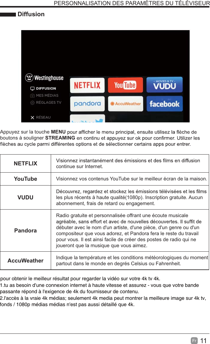 11Fr   DiffusionAppuyez sur la touche MENUboutons à souligner STREAMINGNETFLIX continue sur Internet.YouTube Visionnez vos contenus YouTube sur le meilleur écran de la maison.VUDU les plus récents à haute qualité(1080p). Inscription gratuite. Aucun abonnement, frais de retard ou engagement. PandoraRadio gratuite et personnalisée offrant une écoute musicale débuter avec le nom d&apos;un artiste, d&apos;une pièce, d&apos;un genre ou d&apos;un compositeur que vous adorez, et Pandora fera le reste du travail pour vous. Il est ainsi facile de créer des postes de radio qui ne joueront que la musique que vous aimez.AccuWeather Indique la température et les conditions météorologiques du moment partout dans le monde en degrés Celsius ou Fahrenheit.PERSONNALISATION DES PARAMÈTRES DU TÉLÉVISEURpour obtenir le meilleur résultat pour regarder la vidéo sur votre 4k tv 4k.1.tu as besoin d&apos;une connexion internet à haute vitesse et assurez - vous que votre bande passante répond à l&apos;exigence de 4k du fournisseur de contenu.2.l&apos;accès à la vraie 4k médias; seulement 4k media peut montrer la meilleure image sur 4k tv, fonds / 1080p médias médias n&apos;est pas aussi détaillé que 4k.