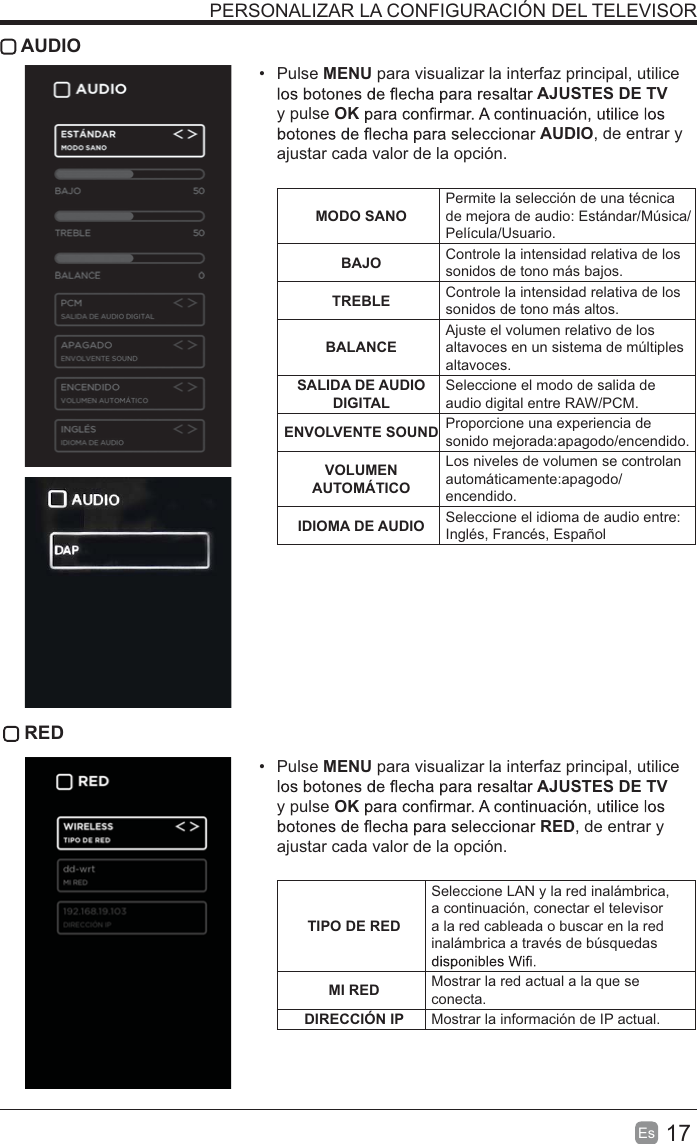 17Es   AUDIO Pulse MENU para visualizar la interfaz principal, utilice AJUSTES DE TV y pulse OKAUDIO, de entrar y ajustar cada valor de la opción.    MODO SANOPermite la selección de una técnica de mejora de audio: Estándar/Música/Película/Usuario.BAJO Controle la intensidad relativa de los sonidos de tono más bajos.TREBLE Controle la intensidad relativa de los sonidos de tono más altos.BALANCEAjuste el volumen relativo de los altavoces en un sistema de múltiples altavoces.SALIDA DE AUDIO DIGITALSeleccione el modo de salida de audio digital entre RAW/PCM.ENVOLVENTE SOUND Proporcione una experiencia de sonido mejorada:apagodo/encendido.VOLUMEN AUTOMÁTICOLos niveles de volumen se controlan automáticamente:apagodo/encendido.IDIOMA DE AUDIO Seleccione el idioma de audio entre: Inglés, Francés, Español RED Pulse MENU para visualizar la interfaz principal, utilice AJUSTES DE TV y pulse OKRED, de entrar y ajustar cada valor de la opción. TIPO DE REDSeleccione LAN y la red inalámbrica, a continuación, conectar el televisor a la red cableada o buscar en la red inalámbrica a través de búsquedas MI RED Mostrar la red actual a la que se conecta.DIRECCIÓN IP Mostrar la información de IP actual.PERSONALIZAR LA CONFIGURACIÓN DEL TELEVISOR