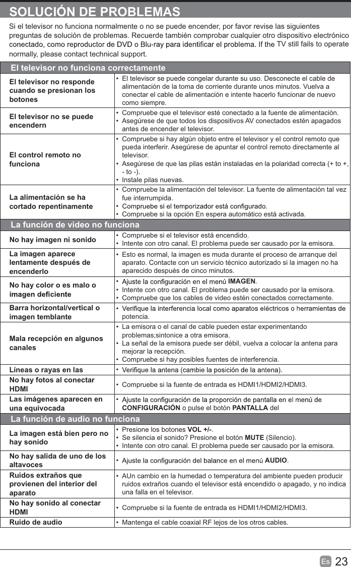 23Es  SOLUCIÓN DE PROBLEMASSi el televisor no funciona normalmente o no se puede encender, por favor revise las siguientes preguntas de solución de problemas. Recuerde también comprobar cualquier otro dispositivo electrónico TV still fails to operate normally, please contact technical support.El televisor no funciona correctamenteEl televisor no responde cuando se presionan los botones  El televisor se puede congelar durante su uso. Desconecte el cable de alimentación de la toma de corriente durante unos minutos. Vuelva a conectar el cable de alimentación e intente hacerlo funcionar de nuevo como siempre.El televisor no se puede encendern  Compruebe que el televisor esté conectado a la fuente de alimentación.  Asegúrese de que todos los dispositivos AV conectados estén apagados antes de encender el televisor.El control remoto no funciona  Compruebe si hay algún objeto entre el televisor y el control remoto que pueda interferir. Asegúrese de apuntar el control remoto directamente al televisor.  Asegúrese de que las pilas están instaladas en la polaridad correcta (+ to +, - to -).  Instale pilas nuevas. La alimentación se ha cortado repentinamente  Compruebe la alimentación del televisor. La fuente de alimentación tal vez fue interrumpida.   Compruebe si la opción En espera automático está activada. La función de video no funcionaNo hay imagen ni sonido   Compruebe si el televisor está encendido.  Intente con otro canal. El problema puede ser causado por la emisora.La imagen aparece lentamente después de encenderlo  Esto es normal, la imagen es muda durante el proceso de arranque del aparato. Contacte con un servicio técnico autorizado si la imagen no ha aparecido después de cinco minutos.No hay color o es malo o    IMAGEN.  Intente con otro canal. El problema puede ser causado por la emisora.  Compruebe que los cables de video estén conectados correctamente.Barra horizontal/vertical o imagen temblante potencia.Mala recepción en algunos canales  La emisora o el canal de cable pueden estar experimentando problemas;sintonice a otra emisora.  La señal de la emisora puede ser débil, vuelva a colocar la antena para mejorar la recepción.  Compruebe si hay posibles fuentes de interferencia.Líneas o rayas en las  No hay fotos al conectar HDMI   Compruebe si la fuente de entrada es HDMI1/HDMI2/HDMI3.Las imágenes aparecen en una equivocada CONFIGURACIÓN o pulse el botón PANTALLA delLa función de audio no funcionaLa imagen está bien pero no hay sonido  Presione los botones VOL +/-.  Se silencia el sonido? Presione el botón MUTE (Silencio).  Intente con otro canal. El problema puede ser causado por la emisora.No hay salida de uno de los altavoces   AUDIO.Ruidos extraños que provienen del interior del aparato  AUn cambio en la humedad o temperatura del ambiente pueden producir ruidos extraños cuando el televisor está encendido o apagado, y no indica una falla en el televisor.No hay sonido al conectar HDMI   Compruebe si la fuente de entrada es HDMI1/HDMI2/HDMI3.Ruido de audio   Mantenga el cable coaxial RF lejos de los otros cables.