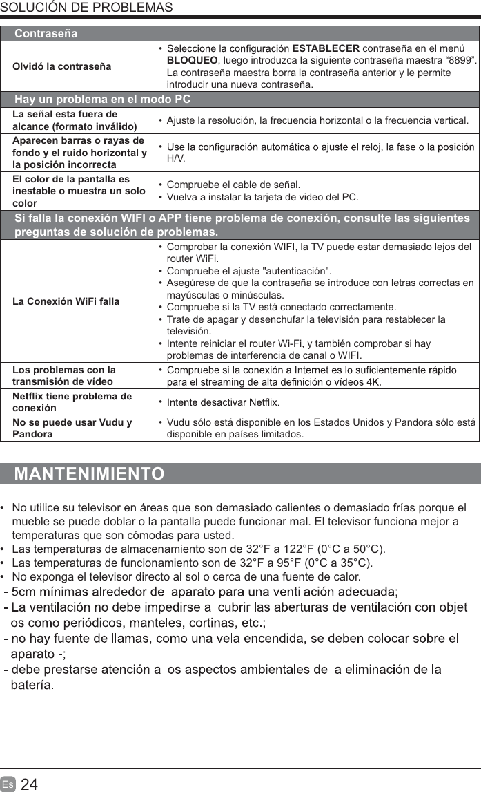 24Es  SOLUCIÓN DE PROBLEMASContraseñaOlvidó la contraseña  ESTABLECER contraseña en el menú BLOQUEO, luego introduzca la siguiente contraseña maestra “8899”. La contraseña maestra borra la contraseña anterior y le permite introducir una nueva contraseña.Hay un problema en el modo PCLa señal esta fuera de alcance (formato inválido)   Ajuste la resolución, la frecuencia horizontal o la frecuencia vertical.Aparecen barras o rayas de fondo y el ruido horizontal y la posición incorrecta H/V.El color de la pantalla es inestable o muestra un solo color  Compruebe el cable de señal.  Vuelva a instalar la tarjeta de video del PC.Si falla la conexión WIFI o APP tiene problema de conexión, consulte las siguientes preguntas de solución de problemas.La Conexión WiFi falla  Comprobar la conexión WIFI, la TV puede estar demasiado lejos del router WiFi.  Compruebe el ajuste &quot;autenticación&quot;.  Asegúrese de que la contraseña se introduce con letras correctas en mayúsculas o minúsculas.  Compruebe si la TV está conectado correctamente.  Trate de apagar y desenchufar la televisión para restablecer la televisión.  Intente reiniciar el router Wi-Fi, y también comprobar si hay problemas de interferencia de canal o WIFI.Los problemas con la transmisión de vídeo conexión  No se puede usar Vudu y Pandora  Vudu sólo está disponible en los Estados Unidos y Pandora sólo está disponible en países limitados.MANTENIMIENTO  No utilice su televisor en áreas que son demasiado calientes o demasiado frías porque el mueble se puede doblar o la pantalla puede funcionar mal. El televisor funciona mejor a temperaturas que son cómodas para usted.  Las temperaturas de almacenamiento son de 32°F a 122°F (0°C a 50°C).   Las temperaturas de funcionamiento son de 32°F a 95°F (0°C a 35°C).  No exponga el televisor directo al sol o cerca de una fuente de calor.