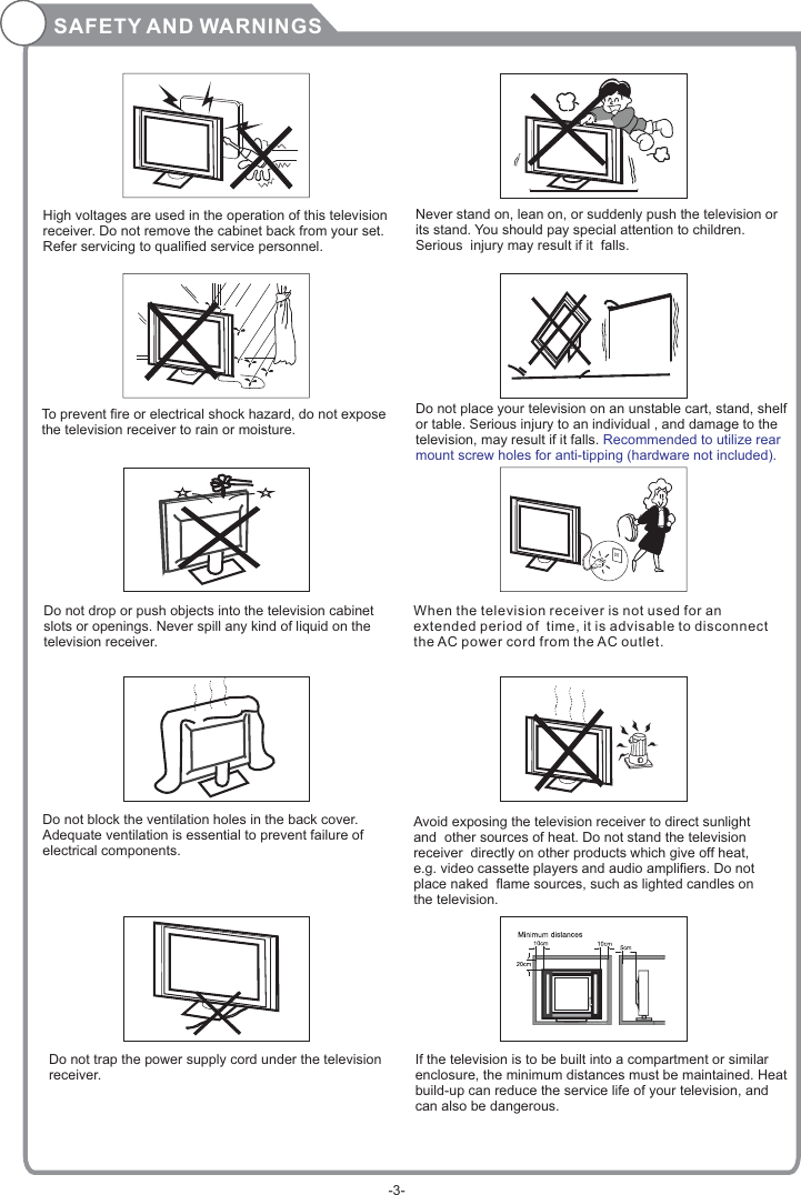 SAFETY AND WARNINGS                                                      High voltages are used in the operation of this television receiver. Do not remove the cabinet back from your set.  Refer servicing to qualified service personnel.                                                               To prevent fire or electrical shock hazard, do not expose  the television receiver to rain or moisture.                                                    Do not drop or push objects into the television cabinet  slots or openings. Never spill any kind of liquid on the television receiver.                      Do not block the ventilation holes in the back cover. Adequate ventilation is essential to prevent failure of  electrical components.                    Do not trap the power supply cord under the television receiver.                   Never stand on, lean on, or suddenly push the television or its stand. You should pay special attention to children. Serious  injury may result if it  falls.                    Do not place your television on an unstable cart, stand, shelf or table. Serious injury to an individual , and damage to the television, may result if it falls.  Recommended to utilize rear mount screw holes for anti-tipping (hardware not included).                   When the television receiver is not used for an extended period of  time, it is advisable to disconnect the AC power cord from the AC outlet.                                 Avoid exposing the television receiver to direct sunlight and  other sources of heat. Do not stand the television receiver  directly on other products which give off heat, e.g. video cassette players and audio amplifiers. Do not place naked  flame sources, such as lighted candles on the television. Dim:515*320mm(不包括底座）                                   If the television is to be built into a compartment or similar enclosure, the minimum distances must be maintained. Heat build-up can reduce the service life of your television, and can also be dangerous.-3-