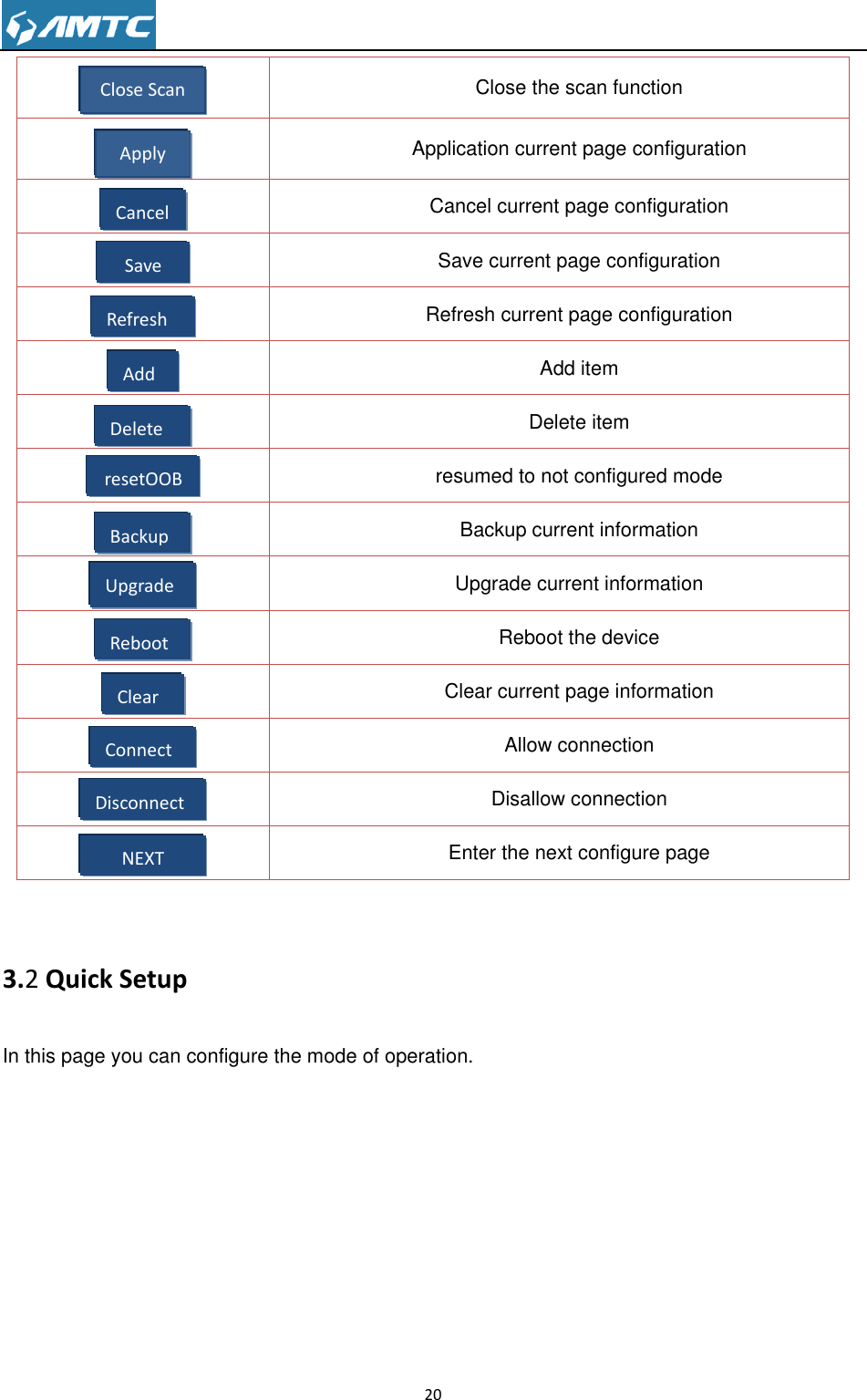                                                                     20   Close the scan function  Application current page configuration  Cancel current page configuration  Save current page configuration  Refresh current page configuration  Add item  Delete item  resumed to not configured mode  Backup current information  Upgrade current information  Reboot the device  Clear current page information  Allow connection  Disallow connection  Enter the next configure page  3.2 Quick Setup In this page you can configure the mode of operation. Apply Cancel Save Refresh Add Backup Upgrade Reboot Clear Delete resetOOB Connect Disconnect Close Scan NEXT 