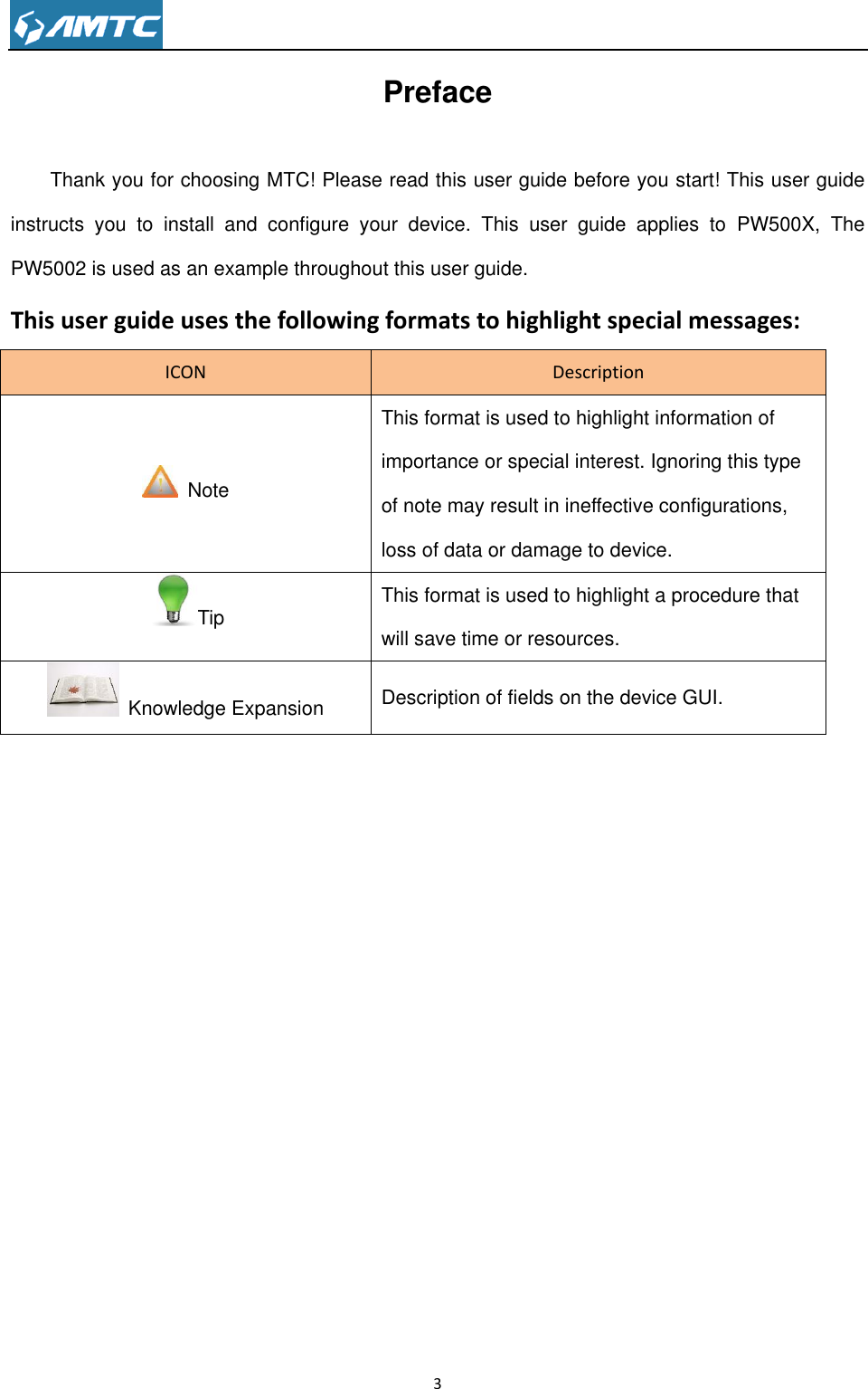                                                                     3  Preface Thank you for choosing MTC! Please read this user guide before you start! This user guide instructs  you  to  install  and  configure  your  device.  This  user  guide  applies  to  PW500X,  The PW5002 is used as an example throughout this user guide. This user guide uses the following formats to highlight special messages: ICON Description  Note This format is used to highlight information of importance or special interest. Ignoring this type of note may result in ineffective configurations, loss of data or damage to device. Tip This format is used to highlight a procedure that will save time or resources.   Knowledge Expansion Description of fields on the device GUI.               