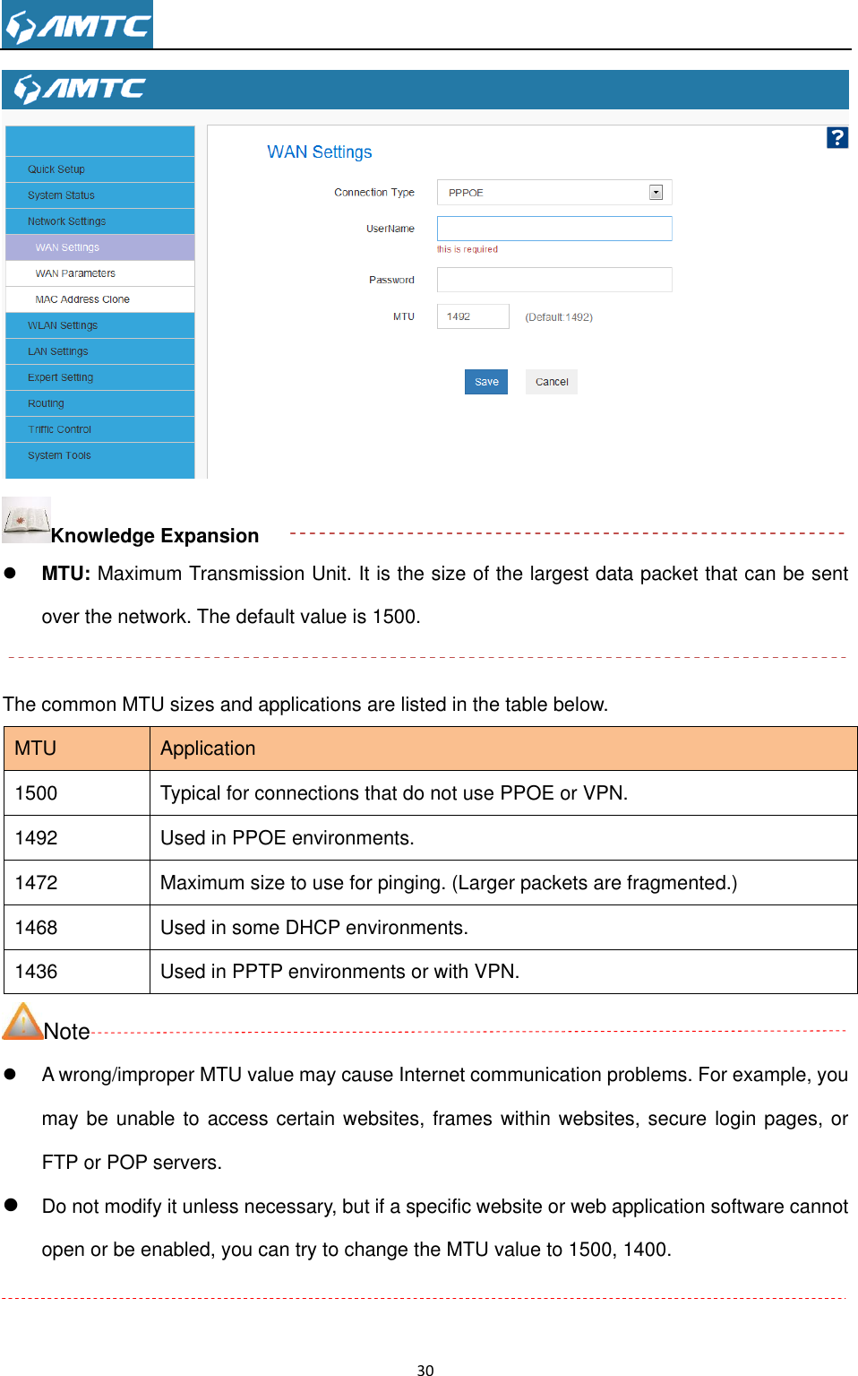                                                                     30   Knowledge Expansion  MTU: Maximum Transmission Unit. It is the size of the largest data packet that can be sent over the network. The default value is 1500.  The common MTU sizes and applications are listed in the table below. MTU Application 1500 Typical for connections that do not use PPOE or VPN. 1492 Used in PPOE environments. 1472 Maximum size to use for pinging. (Larger packets are fragmented.) 1468 Used in some DHCP environments. 1436 Used in PPTP environments or with VPN. Note  A wrong/improper MTU value may cause Internet communication problems. For example, you may be unable to access certain websites, frames within websites, secure login pages, or FTP or POP servers.  Do not modify it unless necessary, but if a specific website or web application software cannot open or be enabled, you can try to change the MTU value to 1500, 1400.  