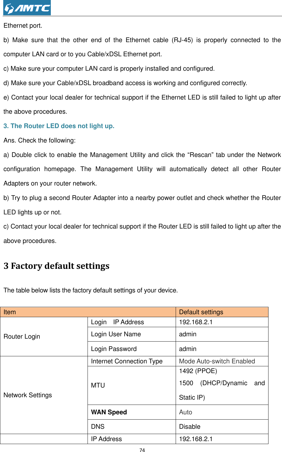                                                             74  Ethernet port. b)  Make  sure  that  the  other  end  of  the  Ethernet  cable  (RJ-45)  is  properly  connected  to  the computer LAN card or to you Cable/xDSL Ethernet port. c) Make sure your computer LAN card is properly installed and configured. d) Make sure your Cable/xDSL broadband access is working and configured correctly. e) Contact your local dealer for technical support if the Ethernet LED is still failed to light up after the above procedures. 3. The Router LED does not light up. Ans. Check the following: a) Double click to enable the Management Utility and click the “Rescan” tab under the Network configuration  homepage.  The  Management  Utility  will  automatically  detect  all  other  Router Adapters on your router network. b) Try to plug a second Router Adapter into a nearby power outlet and check whether the Router LED lights up or not. c) Contact your local dealer for technical support if the Router LED is still failed to light up after the above procedures. 3 Factory default settings The table below lists the factory default settings of your device.  Item Default settings Router Login Login    IP Address 192.168.2.1 Login User Name admin Login Password admin Network Settings Internet Connection Type Mode Auto-switch Enabled MTU 1492 (PPOE) 1500  (DHCP/Dynamic  and Static IP) WAN Speed Auto DNS Disable LAN Settings IP Address 192.168.2.1 