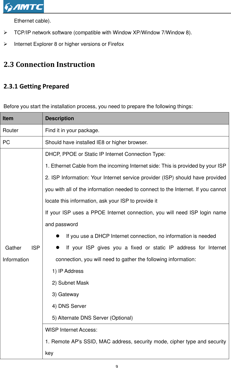                                                                     9  Ethernet cable).   TCP/IP network software (compatible with Window XP/Window 7/Window 8).   Internet Explorer 8 or higher versions or Firefox 2.3 Connection Instruction 2.3.1 Getting Prepared Before you start the installation process, you need to prepare the following things: Item Description Router Find it in your package. PC Should have installed IE8 or higher browser. Gather  ISP Information DHCP, PPOE or Static IP Internet Connection Type: 1. Ethernet Cable from the incoming Internet side: This is provided by your ISP 2. ISP Information: Your Internet service provider (ISP) should have provided you with all of the information needed to connect to the Internet. If you cannot locate this information, ask your ISP to provide it If your ISP uses a PPOE Internet connection, you will need ISP login name and password   If you use a DHCP Internet connection, no information is needed   If  your  ISP  gives  you  a  fixed  or  static  IP  address  for  Internet connection, you will need to gather the following information: 1) IP Address 2) Subnet Mask 3) Gateway 4) DNS Server 5) Alternate DNS Server (Optional) WISP Internet Access: 1. Remote AP&apos;s SSID, MAC address, security mode, cipher type and security key 