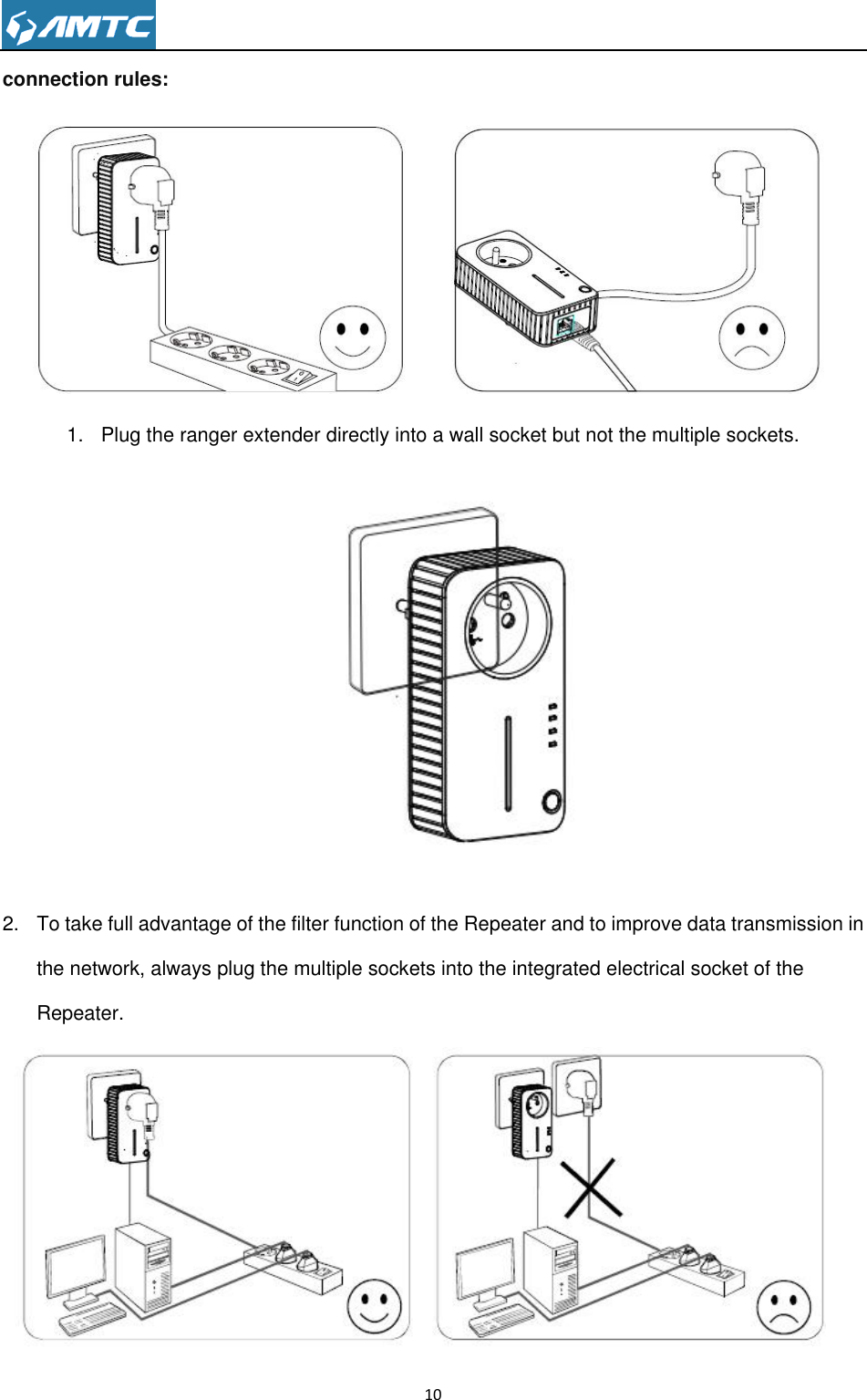                                                                     10  connection rules:        1.  Plug the ranger extender directly into a wall socket but not the multiple sockets.  2.  To take full advantage of the filter function of the Repeater and to improve data transmission in the network, always plug the multiple sockets into the integrated electrical socket of the Repeater.  