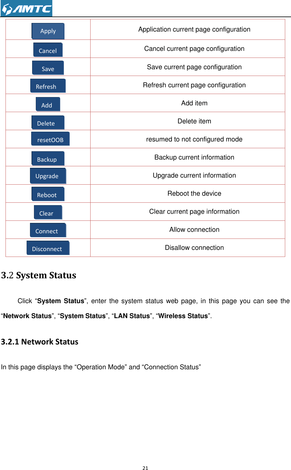                                                                     21   Application current page configuration  Cancel current page configuration  Save current page configuration  Refresh current page configuration  Add item  Delete item  resumed to not configured mode  Backup current information  Upgrade current information  Reboot the device  Clear current page information  Allow connection  Disallow connection 3.2 System Status Click ―System Status‖, enter the system status web  page,  in  this  page  you  can  see  the ―Network Status‖, ―System Status‖, ―LAN Status‖, ―Wireless Status‖.   3.2.1 Network Status In this page displays the ―Operation Mode‖ and ―Connection Status‖ Apply Cancel Save Refresh Add Backup Upgrade Reboot Clear Delete resetOOB Connect Disconnect 