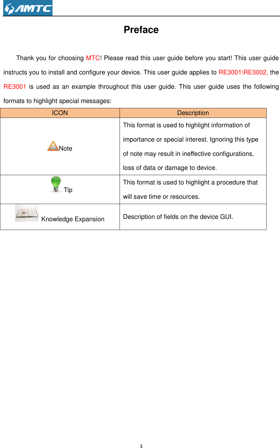                                                                     3  Preface Thank you for choosing MTC! Please read this user guide before you start! This user guide instructs you to install and configure your device. This user guide applies to RE3001\RE3002, the RE3001 is used as an example throughout this user guide. This user guide uses the following formats to highlight special messages: ICON Description Note This format is used to highlight information of importance or special interest. Ignoring this type of note may result in ineffective configurations, loss of data or damage to device. Tip This format is used to highlight a procedure that will save time or resources.  Knowledge Expansion Description of fields on the device GUI.              