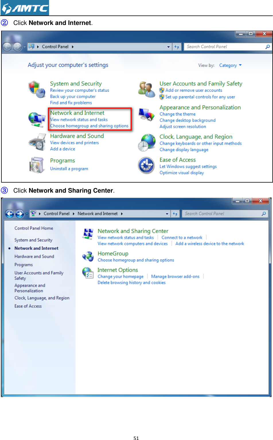                                                                     51  ② Click Network and Internet.  ③ Click Network and Sharing Center.  