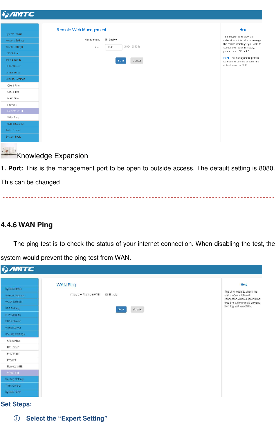                                                          Knowledge Expansion 1. Port: This is the management port to be open to outside access. The default setting is 8080. This can be changed   4.4.6 WAN Ping The ping test is to check the status of your internet connection. When disabling the test, the system would prevent the ping test from WAN.  Set Steps: ①①①①    Select the “Expert Setting” 