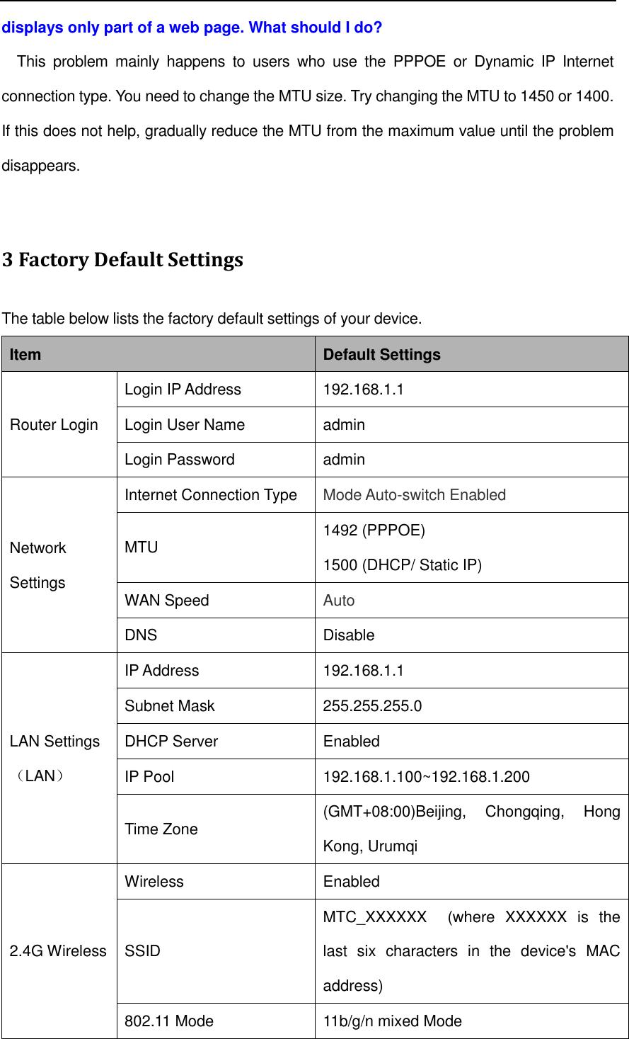   displays only part of a web page. What should I do? This  problem  mainly  happens  to  users  who  use  the  PPPOE  or  Dynamic  IP  Internet connection type. You need to change the MTU size. Try changing the MTU to 1450 or 1400. If this does not help, gradually reduce the MTU from the maximum value until the problem disappears.  3 Factory Default Settings The table below lists the factory default settings of your device. Item  Default Settings Router Login Login IP Address  192.168.1.1 Login User Name  admin Login Password  admin Network Settings Internet Connection Type  Mode Auto-switch Enabled MTU  1492 (PPPOE) 1500 (DHCP/ Static IP) WAN Speed  Auto DNS  Disable LAN Settings （LAN） IP Address  192.168.1.1 Subnet Mask  255.255.255.0 DHCP Server  Enabled IP Pool  192.168.1.100~192.168.1.200 Time Zone  (GMT+08:00)Beijing,  Chongqing,  Hong Kong, Urumqi 2.4G Wireless Wireless  Enabled SSID MTC_XXXXXX    (where  XXXXXX  is  the last  six  characters  in  the  device&apos;s  MAC address) 802.11 Mode  11b/g/n mixed Mode 