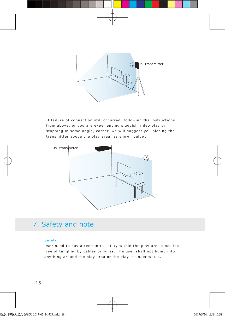 PC transmitterIf failure of connection still occurred, followin g   t he instructions from above, or you are experiencing s l u ggish video play   or stopping in some angle, corner, w e  will suggest  you  placing the transmitter  abo ve the play area, as shown  b e l ow:Safety: User need to pay attention  to safet y  within the pla y   area since it’s  free of tangling b y cables or wires. T he user shall  not bump in t o  anyt h i n g around t he play area or the  play  is under wa t ch. 7. Safety and notePC transmitter15新版印刷(无蓝牙)英文  2017-05-24-US.indd   182017/5/24   上午10:51