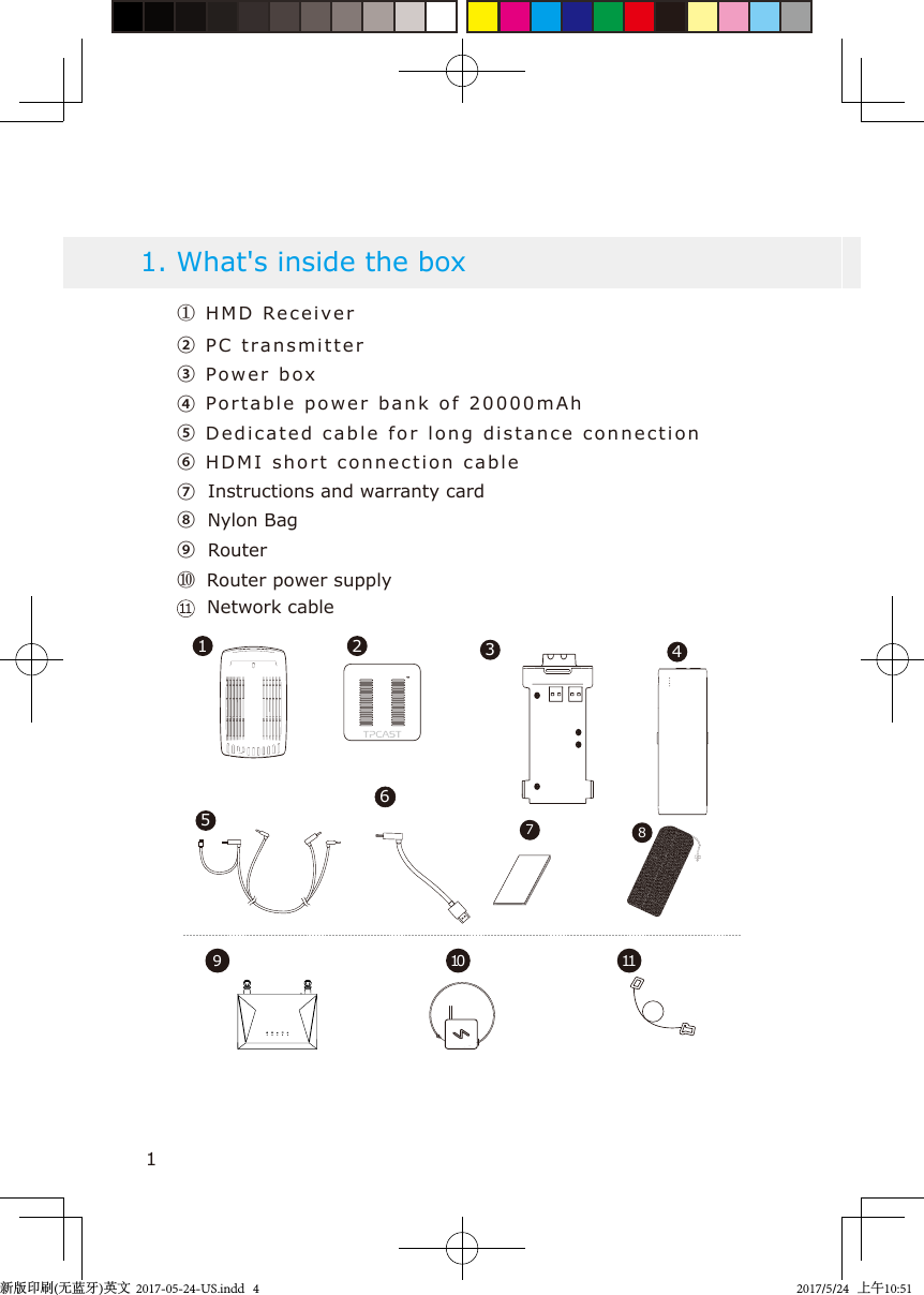 1. What&apos;s inside the box19 10 11② PC t ra nsmitte r③ Po wer b ox⑦  Instructions and warranty card④ Port able  power  bank of 20000mAh⑤ Dedicated cable for  long  distance connectio n⑥ HDMI short connection cabl e⑧  Nylon Bag① H M D   R ecei ve r⑨  Router⑩Router power supply1 2 357846elbac krowteN      11新版印刷(无蓝牙)英文  2017-05-24-US.indd   42017/5/24   上午10:51