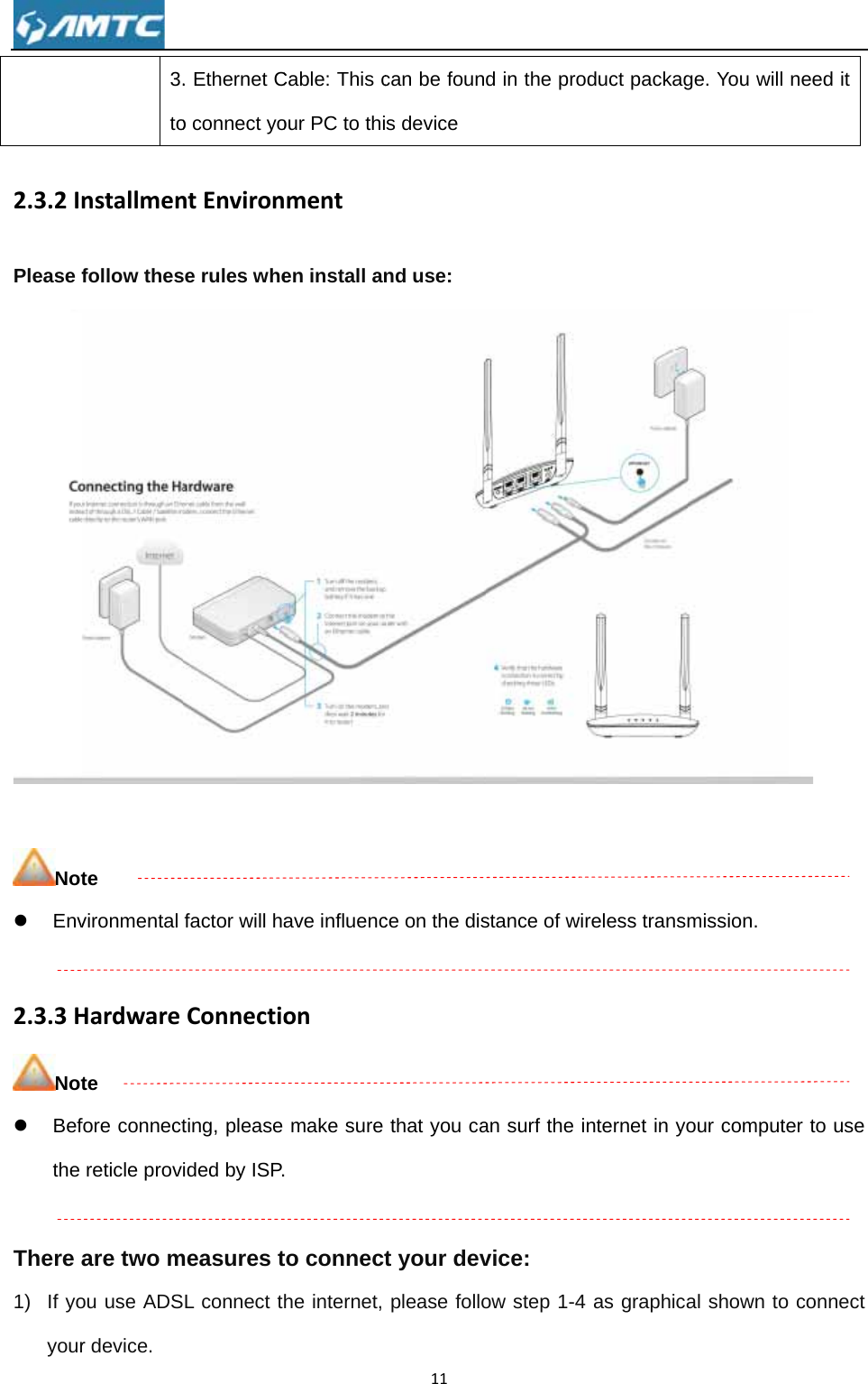 2.3.2InPlease f Notz Env 2.3.3HNotz Befthe  There a1) If yoyour 3.tonstallmenfollow theste vironmental Hardwarete fore connectreticle provare two mou use ADSr device. . Ethernet Co connect yontEnvironse rules whefactor will haConnectioting, please ided by ISP.measures tL connect tCable: This cour PC to thinmenten install anave influenconmake sure . to connecthe internet, 11can be founs device nd use: ce on the disthat you cat your devplease follod in the prostance of wiran surf the invice: ow step 1-4 duct packagreless transmnternet in yoas graphicage. You will mission. our computeal shown toneed it  er to use  connect 