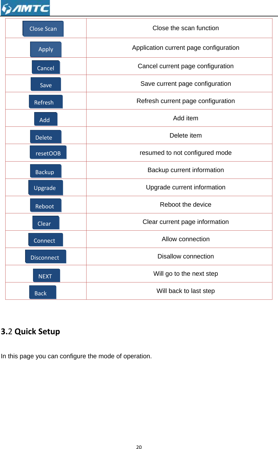  3.2QuIn this p                 uickSetupage you canApplyCancelSaveRefreshAddBackupUpgradeRebootClearDeleteresetOOConnectDisconnecCloseScanNEXTBackpn configure tOBctnthe mode of20CApplicatCanceSaveRefresresumBaUpCleaWf operation.Close the sction current el current pae current pagsh current paAdd iDeletemed to not cackup currengrade curreReboot thar current paAllow conDisallow coWill go to thWill back tocan function page configage configurge configuraage configuritem e item configured mnt informationt informatiohe device age informatnnection onnection e next step o last step uration ration ation ration mode on on tion 